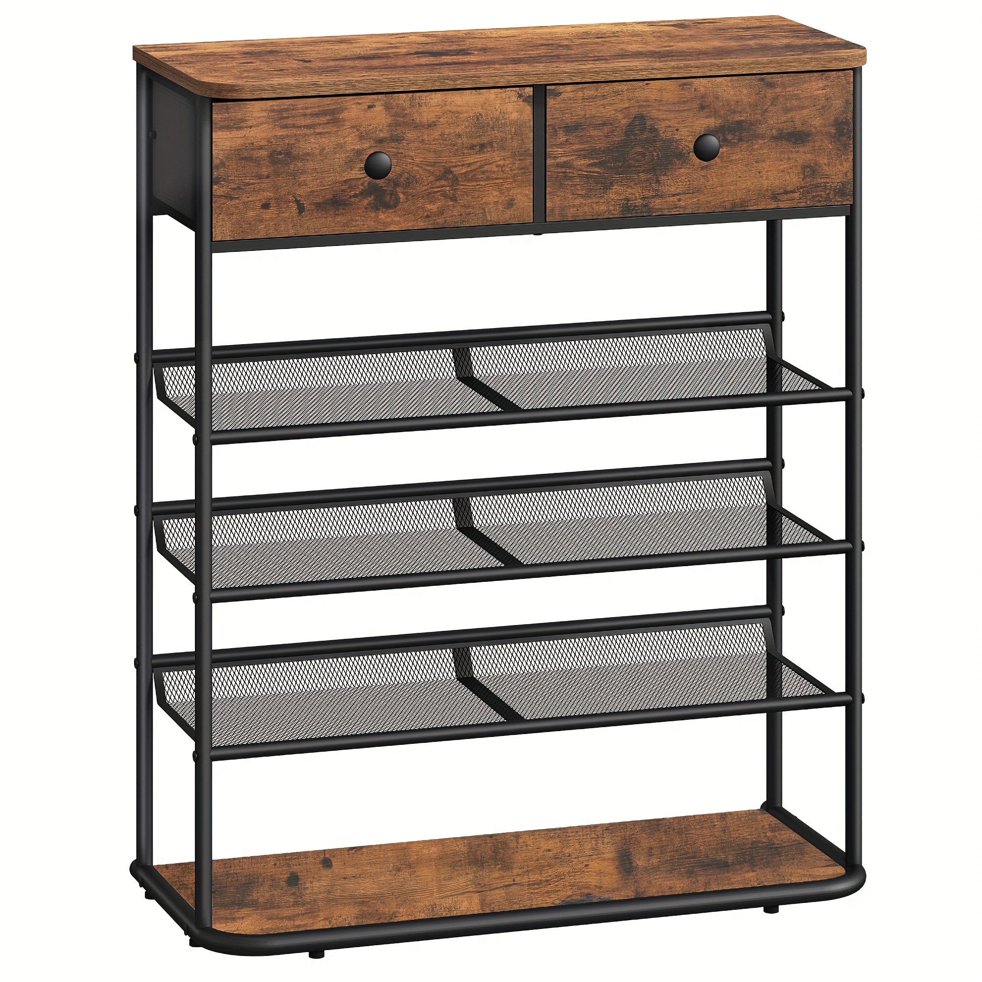 Large Shoe Rack, Shoe Storage, 5-tier Design With 2 Fabric Drawers, Adjustable Wire Shelves, Holds 16 Pairs Of Shoes, Space-, Shoe Stand For Entryway, Hallway, -black
