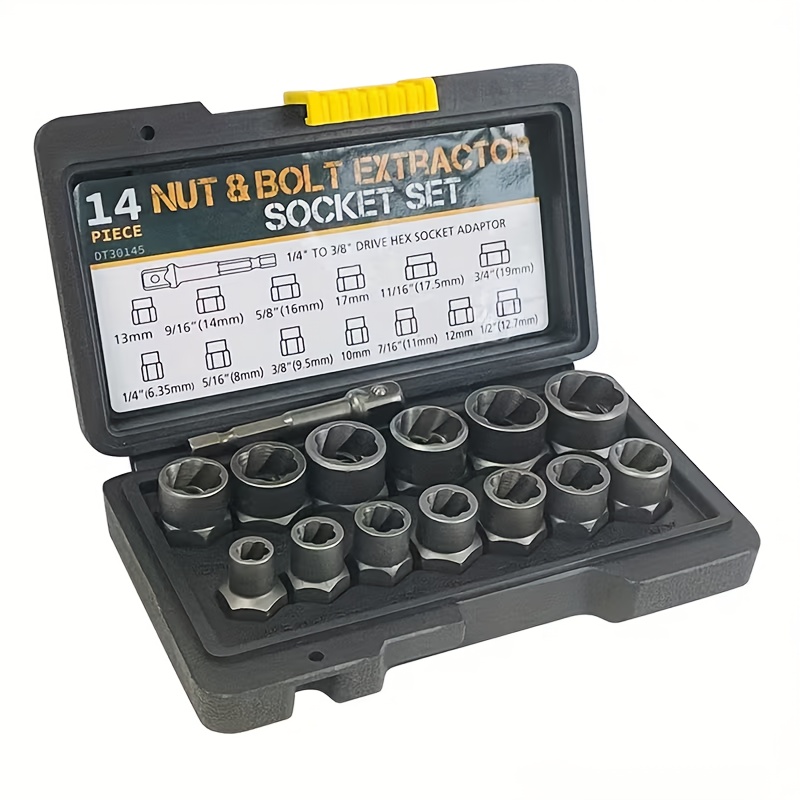   14pcs nut extractor set tool for removing nuts with 13   and nut extractors plus 1 hex socket adapter for 1 4 to 3 8 drives