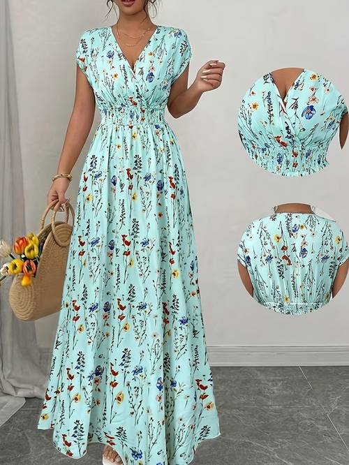 item picture plus size plus size womens elegant and gentle v neck waist cinching fresh small floral print comfortable dress j1465