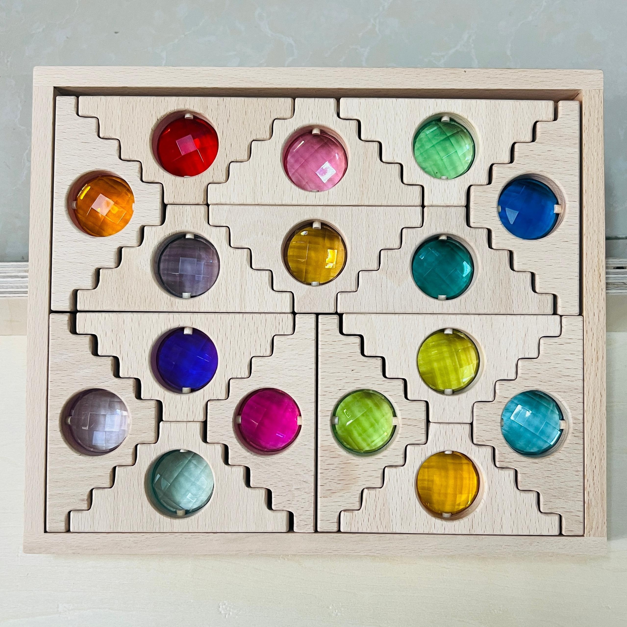 16pcs Set Embedded Acrylic Colored Gemstone Wooden Stacking Toy / Suitable For 3-6 Year Old Children Stacking Toy