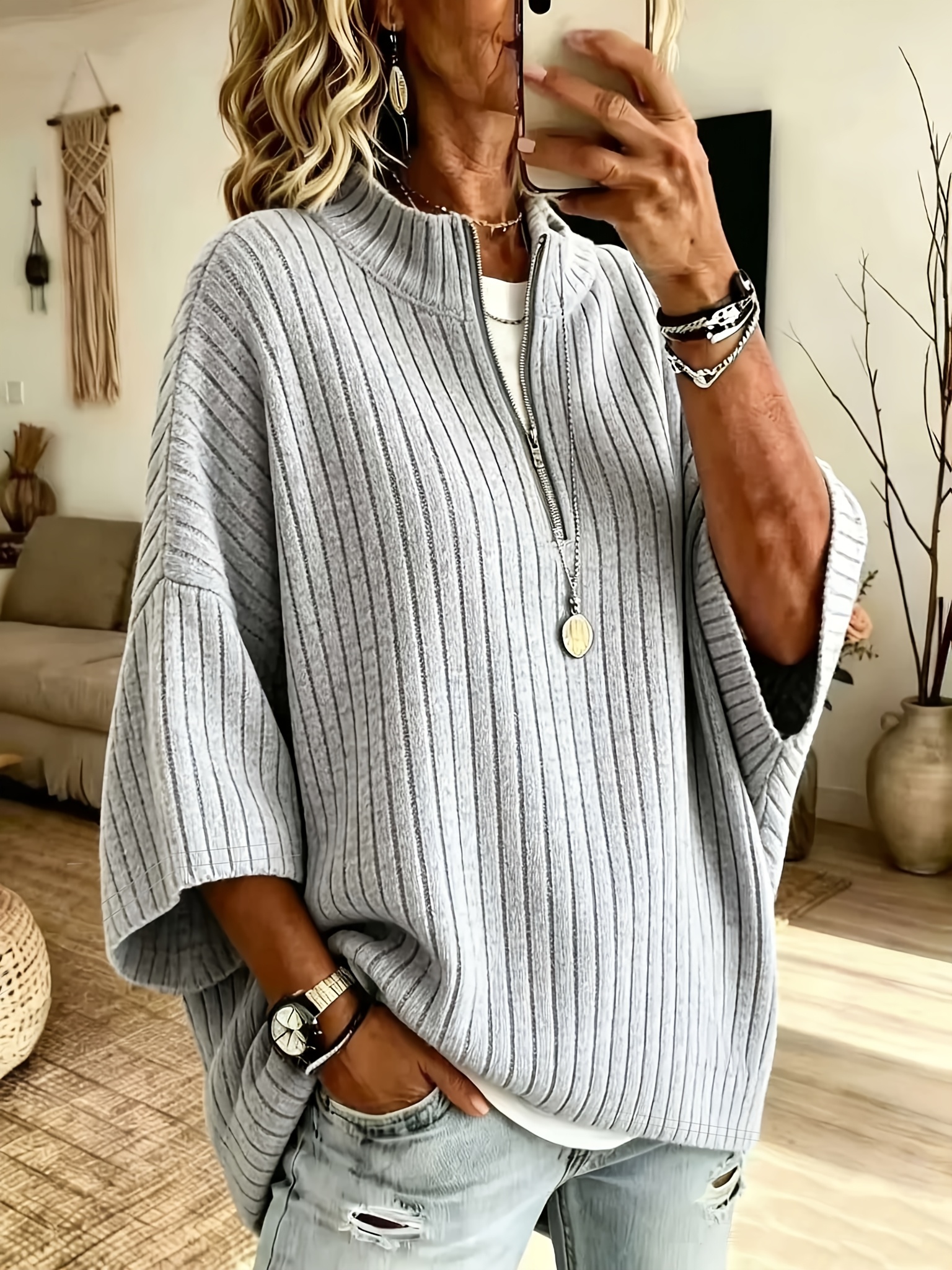 autumn winter womens casual zipper high neck 3 4 sleeve loose fit comfortable warm ribbed fabric top