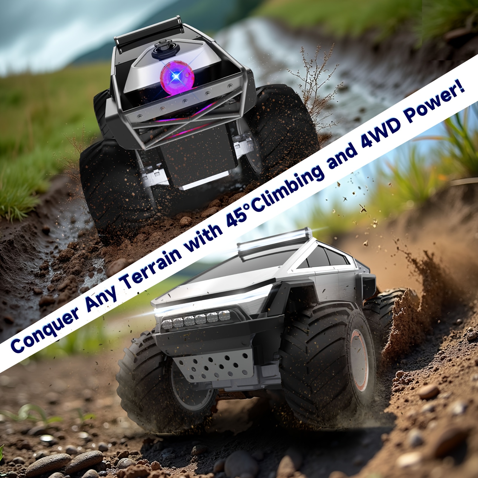 All-Terrain Remote Control Monster Truck Toy, 2, 4Ghz 4WD Off-Road Vehicle with LED Lights, Music And Excellent Grip Large Wheels, Birthday, Christmas, Halloween Gift for Boys And Girls Over