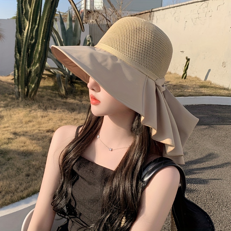 Summer Solid Color Sun Hat Bowknot Wide Brim Casual Sun - Temu