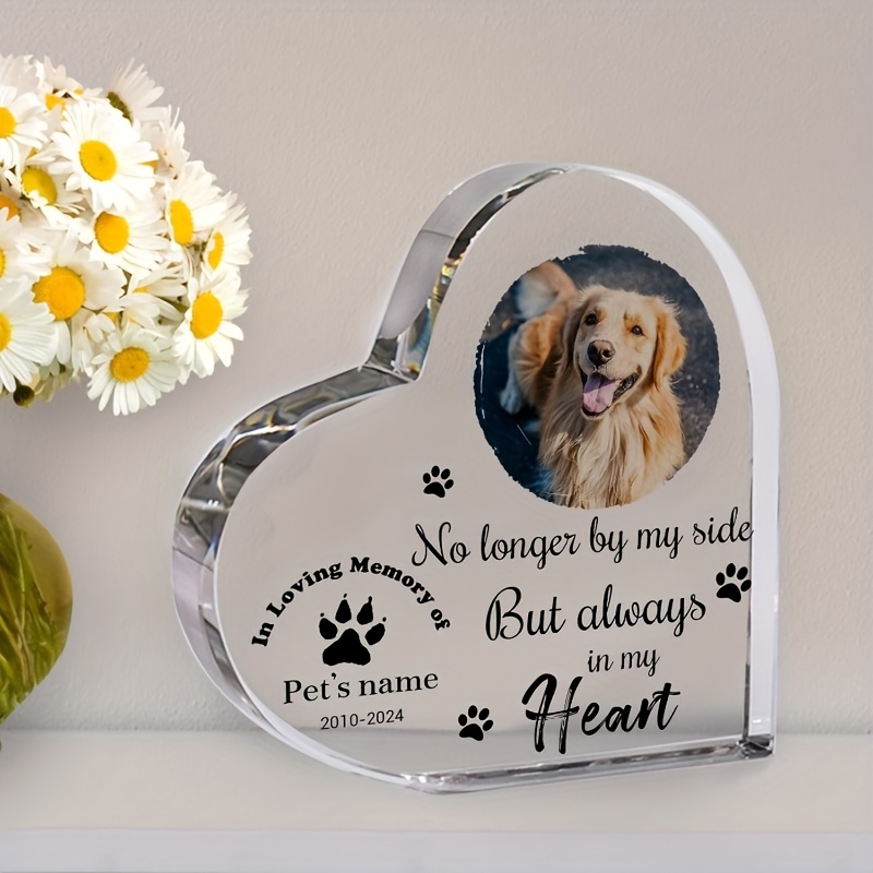TEMU 2d Flat, Personalized Pet Acrylic Heart Plaque - Customizable With Photos, Names, And Text - Memorial Keepsake For Pets - Includes Paw Print And
