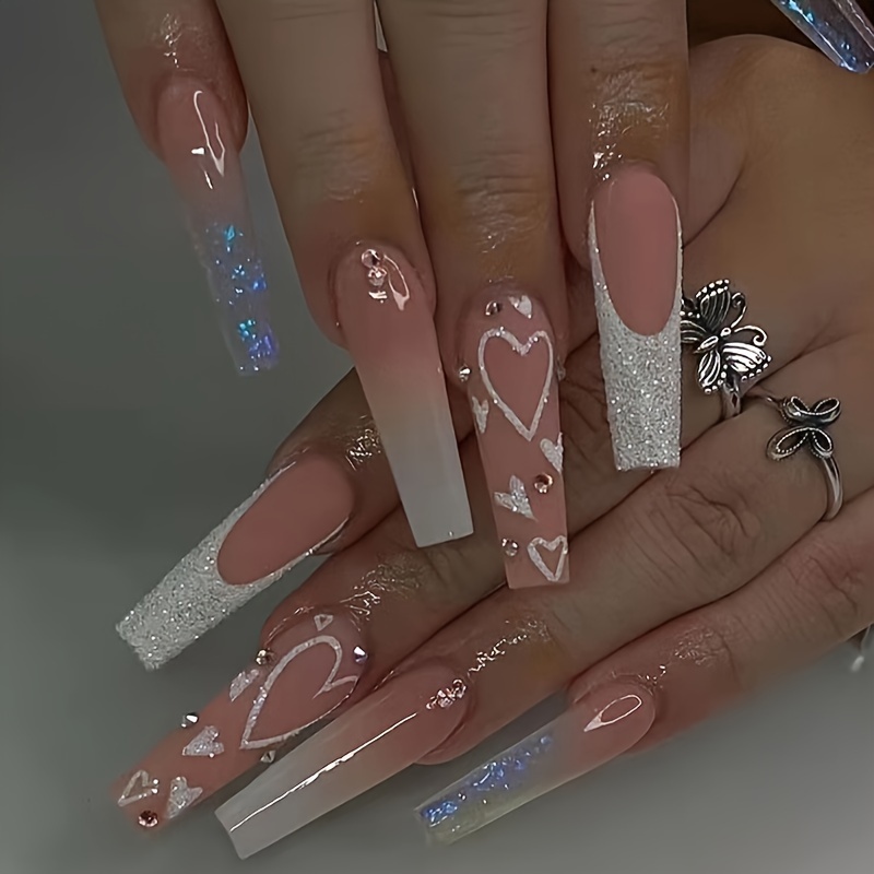 Long Ballet Nails Pink Shiny Love Diamond Wearable Nails 24pcs Gradient Nail Stickers False Nails