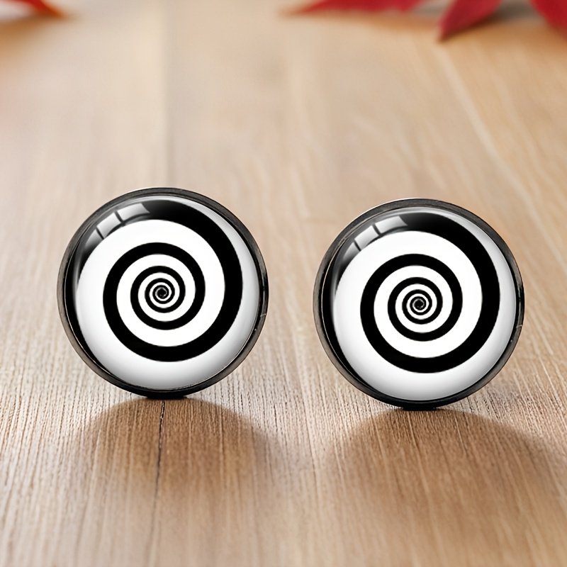 1 Pair Powerful Spiral Symbol Black Stud Earring Round Glass Cabochon Earrings Handmade Jewelry, Without Battery