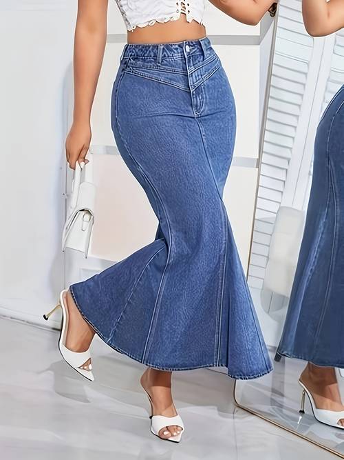 chique hoge taille stretch denim zeemeerminrok voor dames - veelzijdig & modieus, vissenstaart ontwerp met zakken, machinewasbaar, perfect voor lente/zomer/herfst
