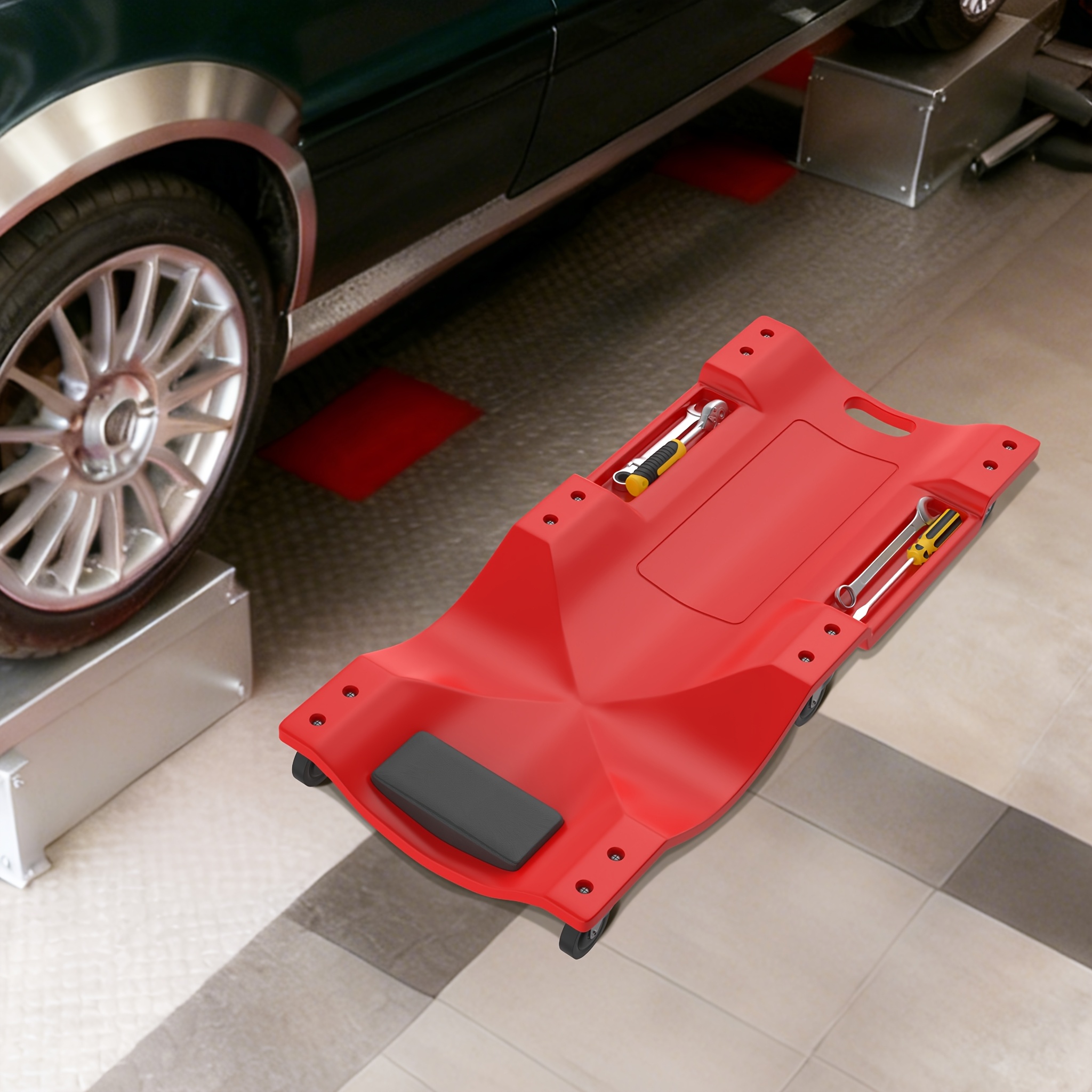 Image of Rolling Garage Stool Car Repair Creeper, Heavy Duty Pp Plastic Workbench Bed With 6 Casters, For Mechanic Car Maintenance, 34/38 Inch, Red