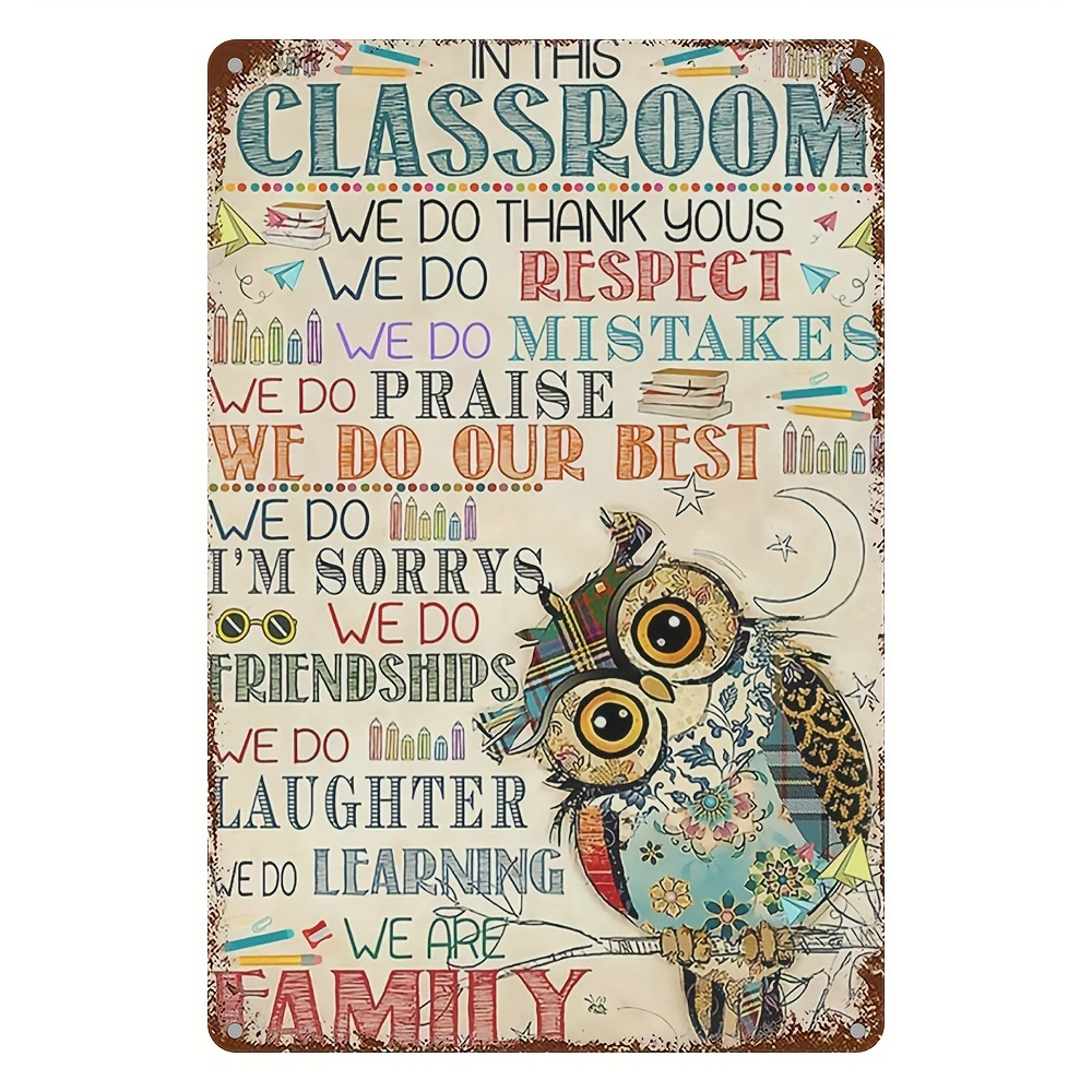 

1pc Rustic Metal Tin Sign 8x12 Inches, Uv Printed Owl Classroom Decorative Plaque, Weather-resistant Indoor/outdoor Wall Art For Educational Decor
