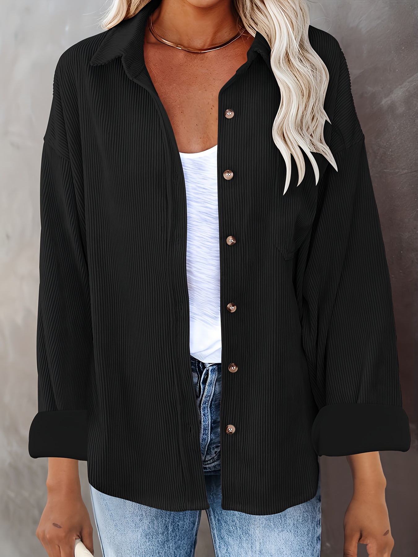 V neck Loose Lapel Blouses Casual Pocket Button Long Sleeve - Temu