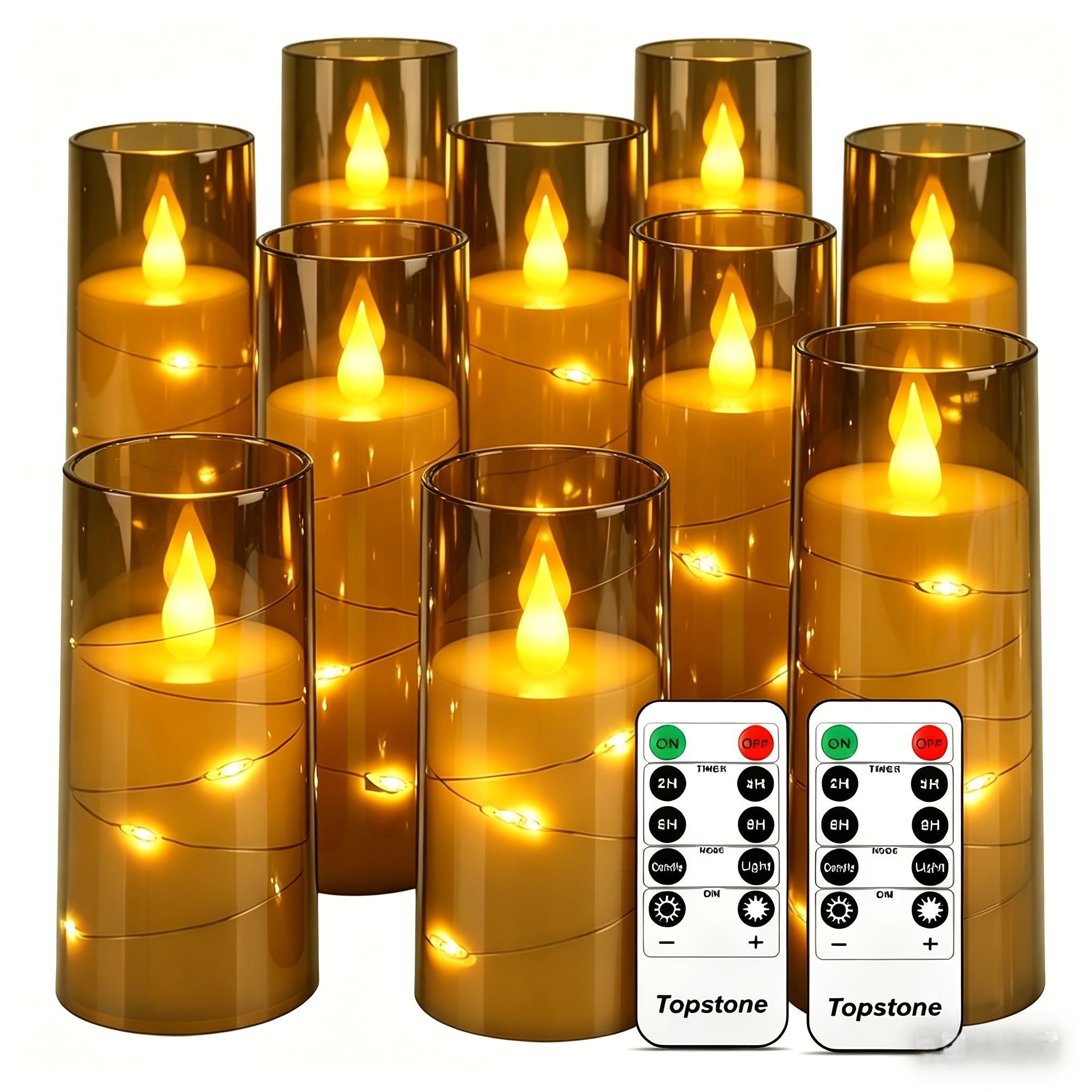 TEMU 10pcs Grey Flameless Led Candles With Timer & Star String Lights, Acrylic Shell Flickering Battery Candles For Home Romantic Decoration