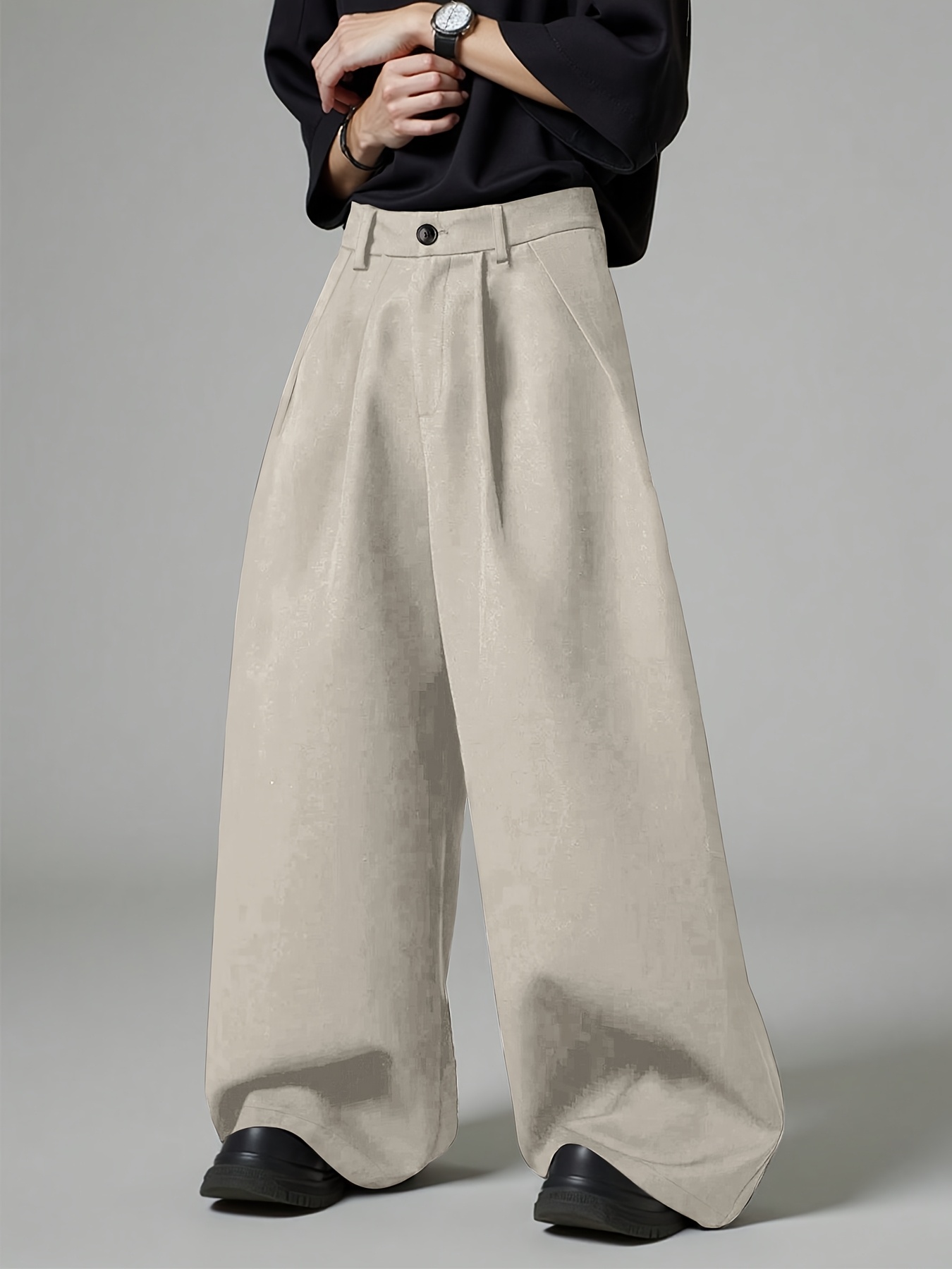 men's casual wide leg pants front pleated zipper closure - Temu