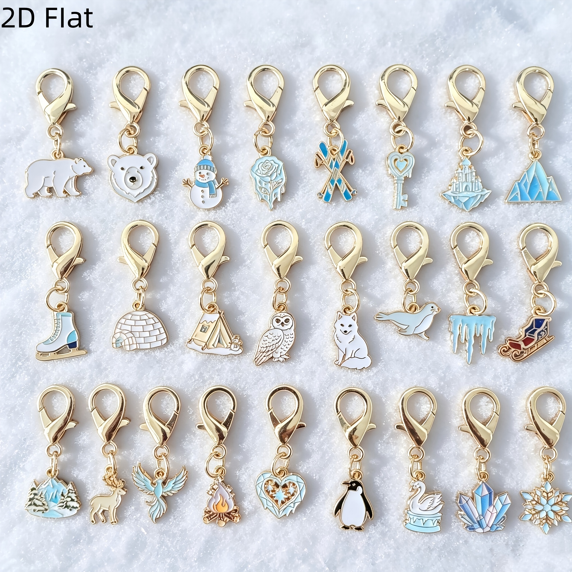 TEMU 25pcs Cartoon 2d Flat Snow Keychains Cute Polar Bear Snowman Head Castle Ski Equipment Tent Fox Penguin Swan Snowflake Pendant Suitable For