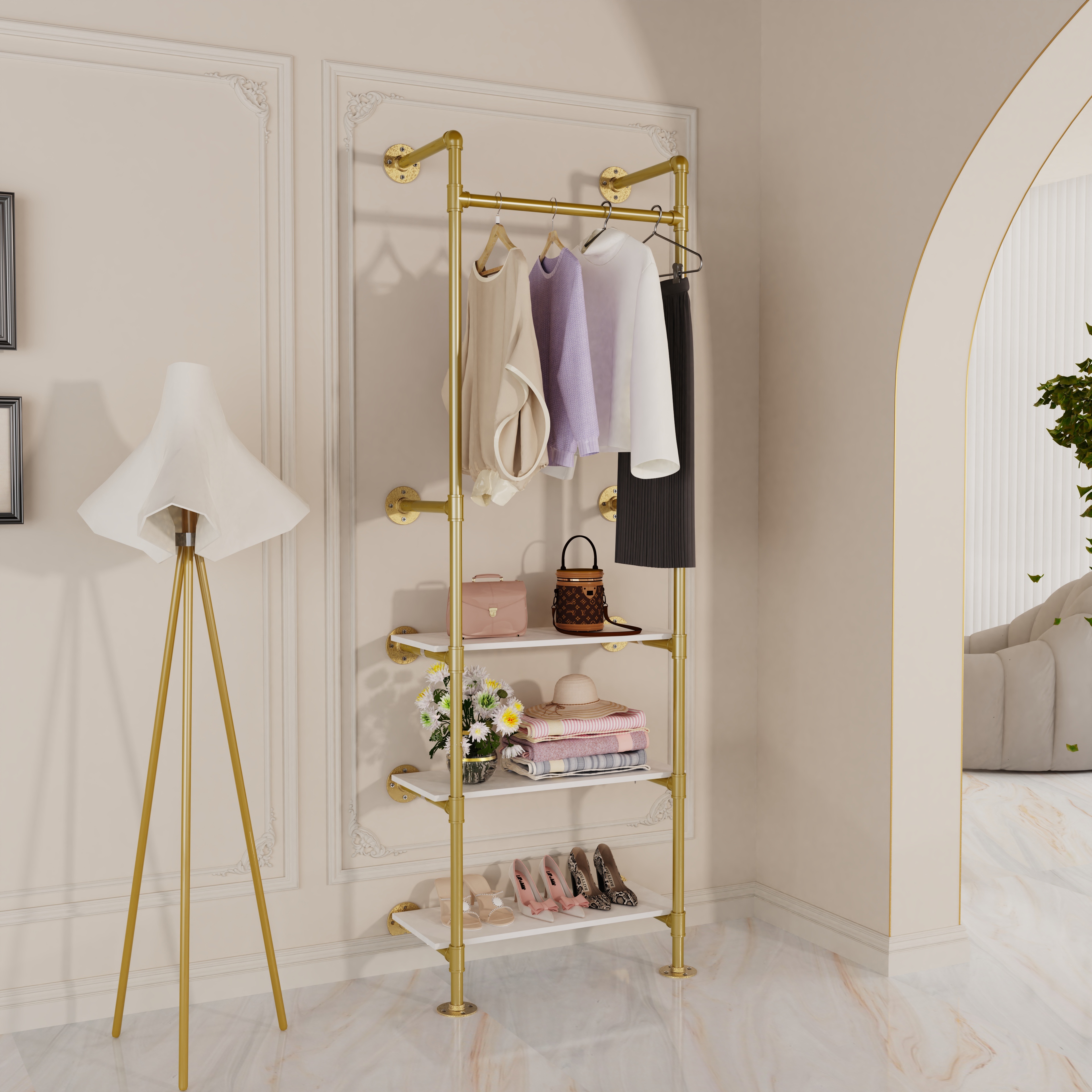 Image of Wall Clothes Stand: Industrial Pipe Clothing Rack With 3-tier Storage Shelves Garment Hanging Rack Stand For Bedroom, Walk-in Wardrobes