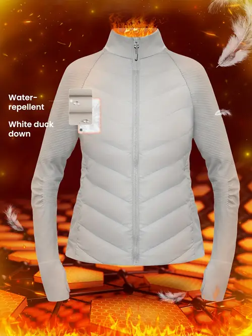 여성용 경량 화이트 거위털 재킷 - 무봉제 디자인, 방풍, 방수, 엄지 구멍, 숨겨진 지퍼 포켓, 야외 스포츠 및 캐주얼 의상용, 추운 날씨 의류 | 래글런 소매 디자인 | 나일론 원단 재킷, 푹신한 재킷