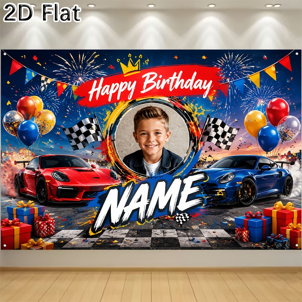 TEMU 2d Flat - 1pc 2d Flat Custom Happy Birthday Backdrop Banner, Customizable Name And Photo, Cool Racing Car Themed Print For Birthday Party