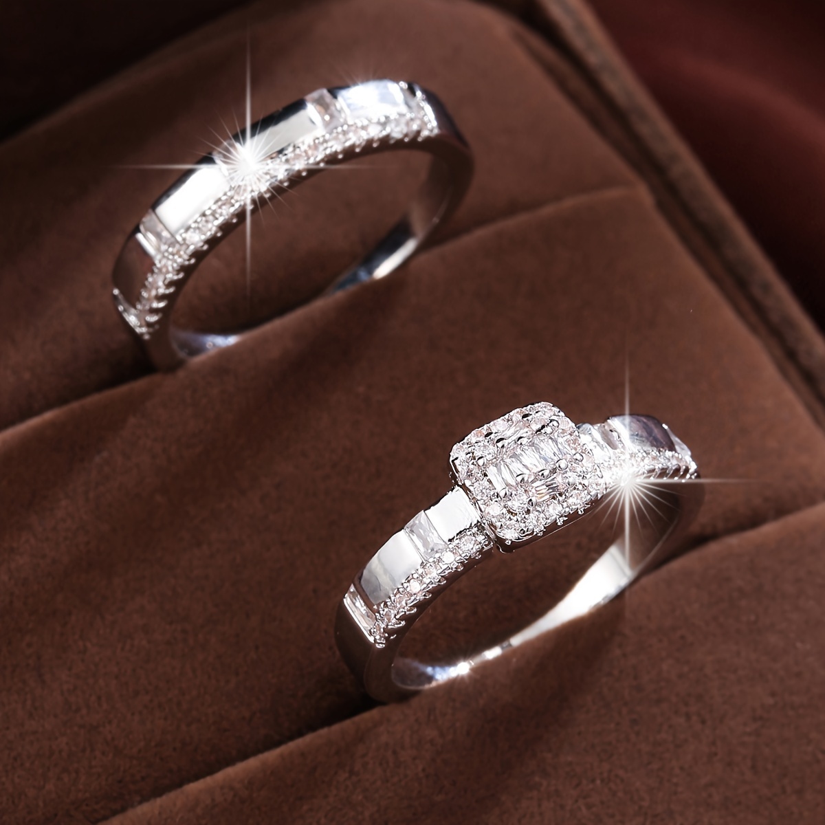 2pcs CZ Stackable Ring Set Sparkling Bands Diamond-Like Stones