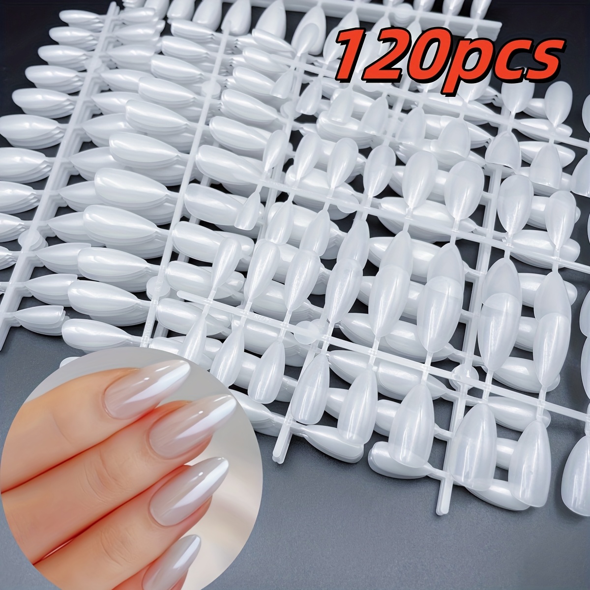 TEMU 120pcs Pearlescent White Medium-length Almond Press-on Nails With Jelly Glue And Nail File, Aurora White & Moonlight Style, Perfect For S And