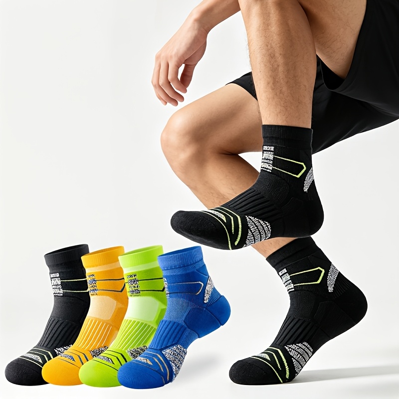 TEMU 4 Pairs Spring Summer Men's Marathon Professional Running Socks Short And Ankle Socks Basketball Thick Towel Bottom Badminton Wear-resistant