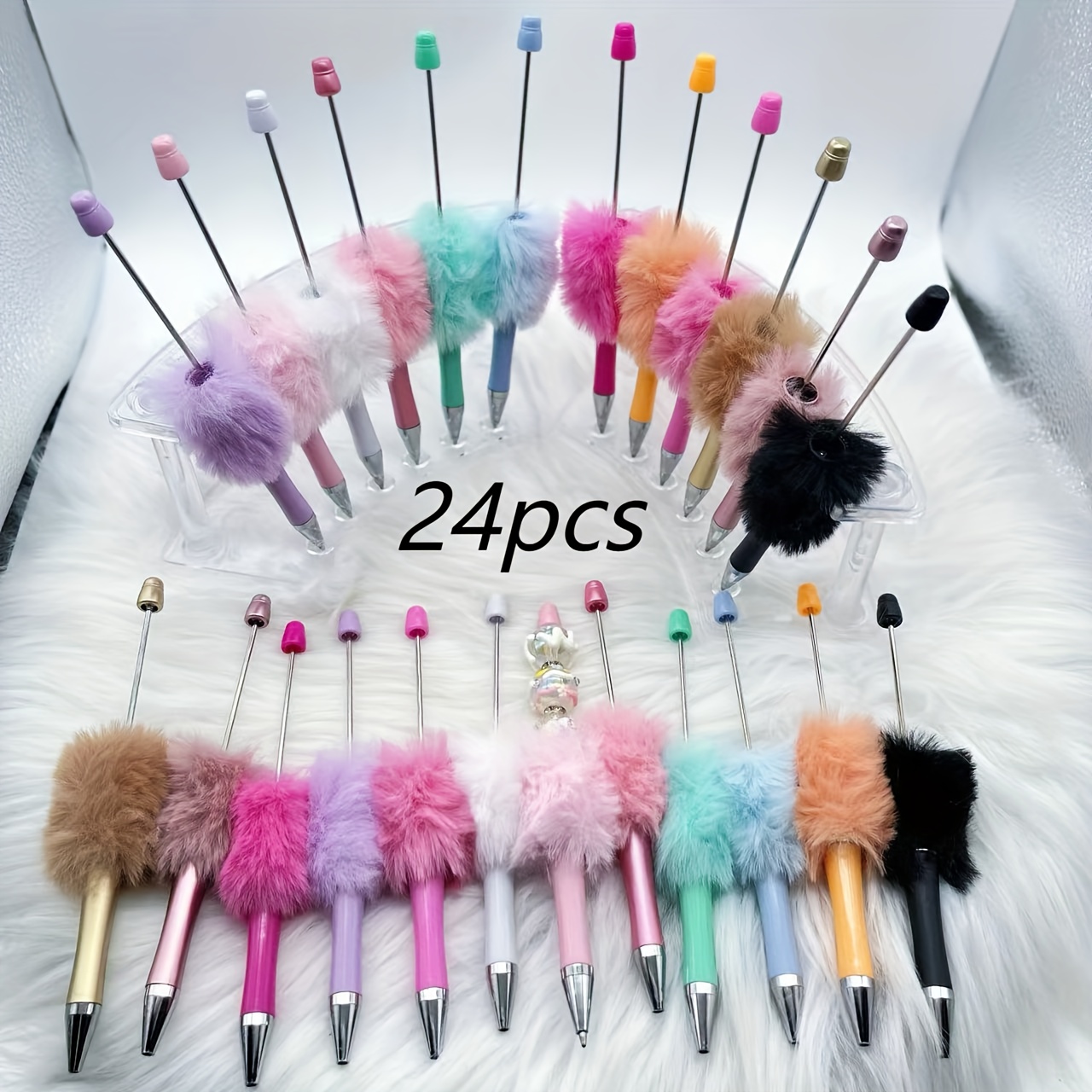 24pcs Random Colors Plush Ball Bead Pen Ballpoint Pen, Ink Rolling Ball Pen Durable Plastic Material, Study Stationery Party Teacher Student Gift