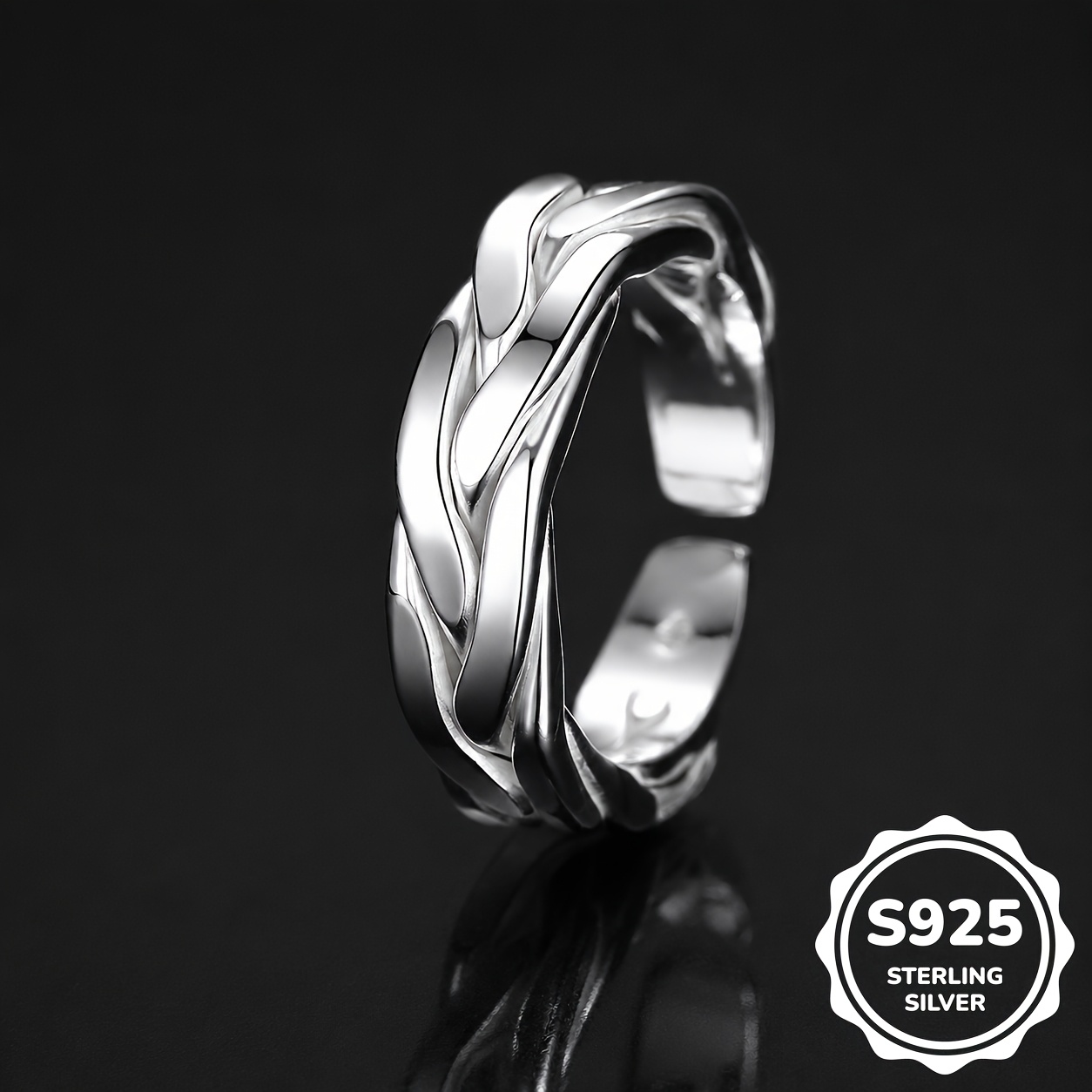 Image of 1pc S925 925 Silvery Plated Fashion Hip-hop Minimalist Retro Chain Open Adjustable Ring Single Ring Daily Party Wear About 7.1 Grams