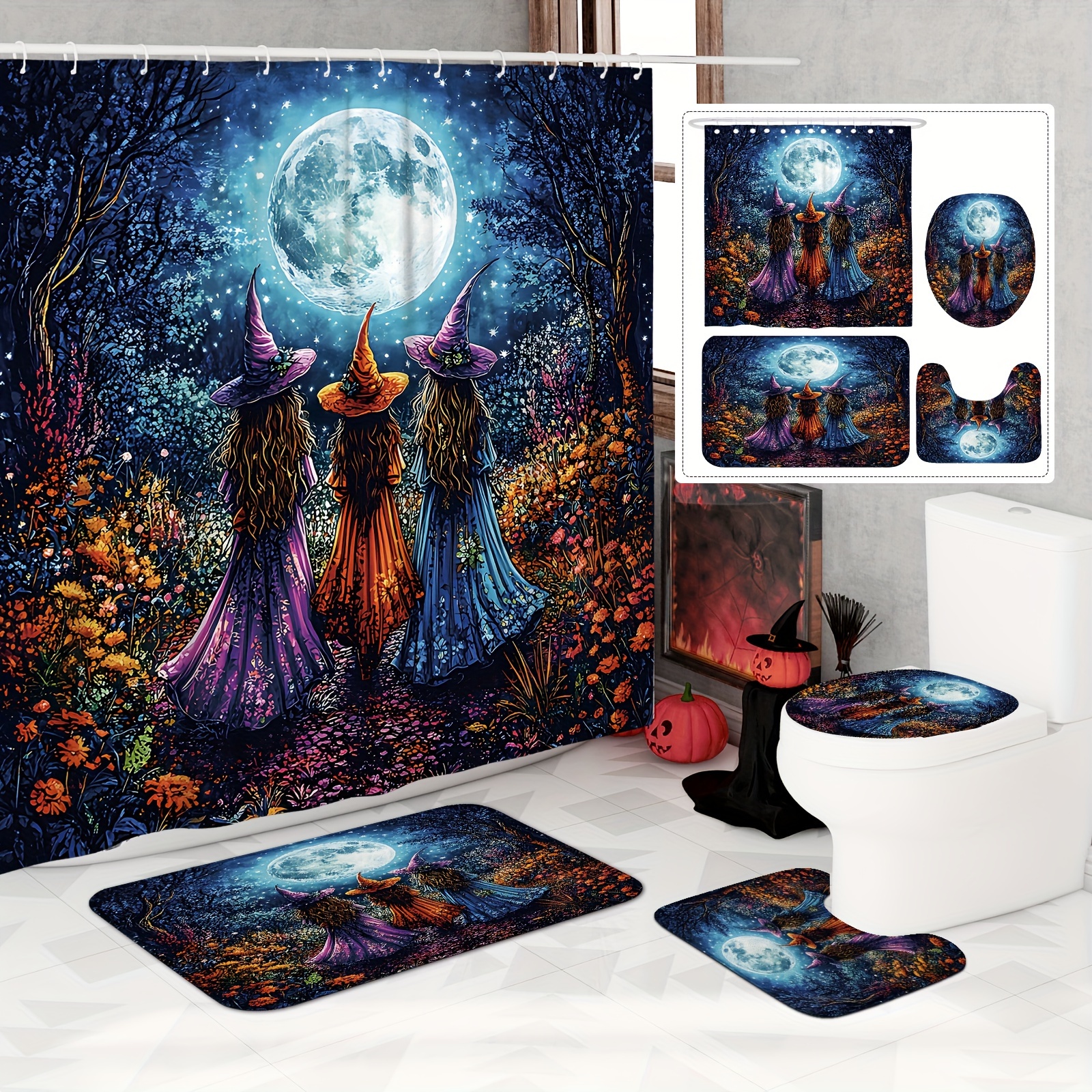 

Spooky Halloween Shower Curtain Set (1pc/4pcs) - & Design, Waterproof Polyester, Includes 12 Hooks, Non-slip Bath Mat & U-shaped Toilet Lid Cover - Autumn Bathroom Decor