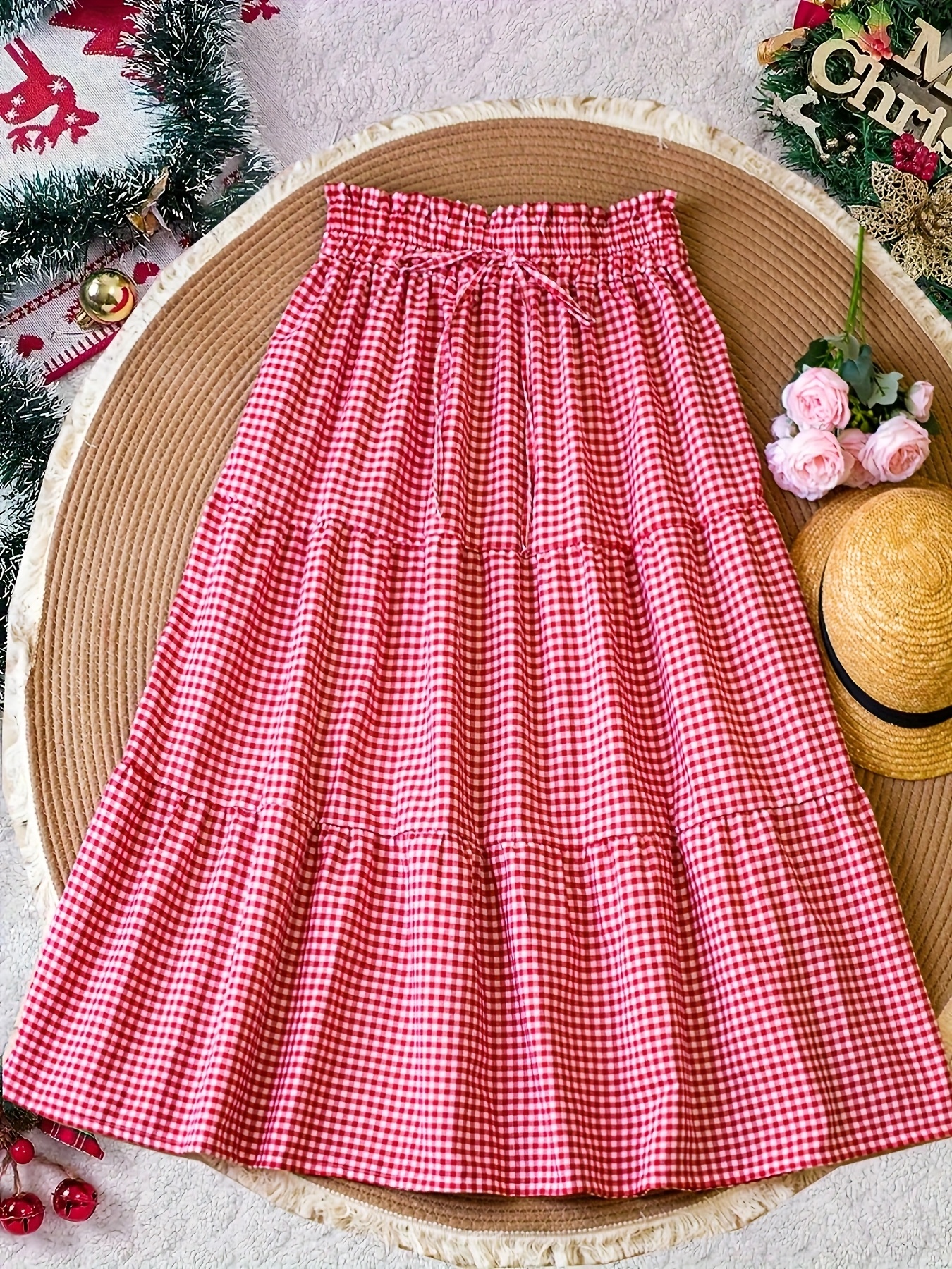 elegant cute gingham pleated midi Temu Portugal