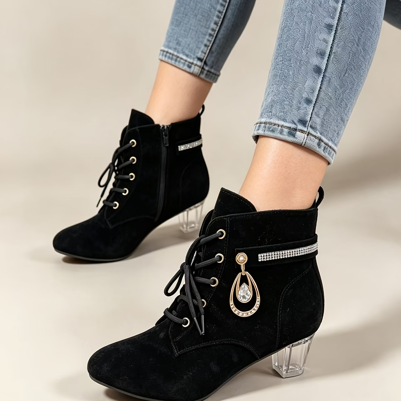 TEMU Women's Wide & Plus Size Boots, High Heel Chunky Heel Pointed Toe Ankle Boots, Elegant, Fashionable, Comfortable, And Versatile, Suitable For