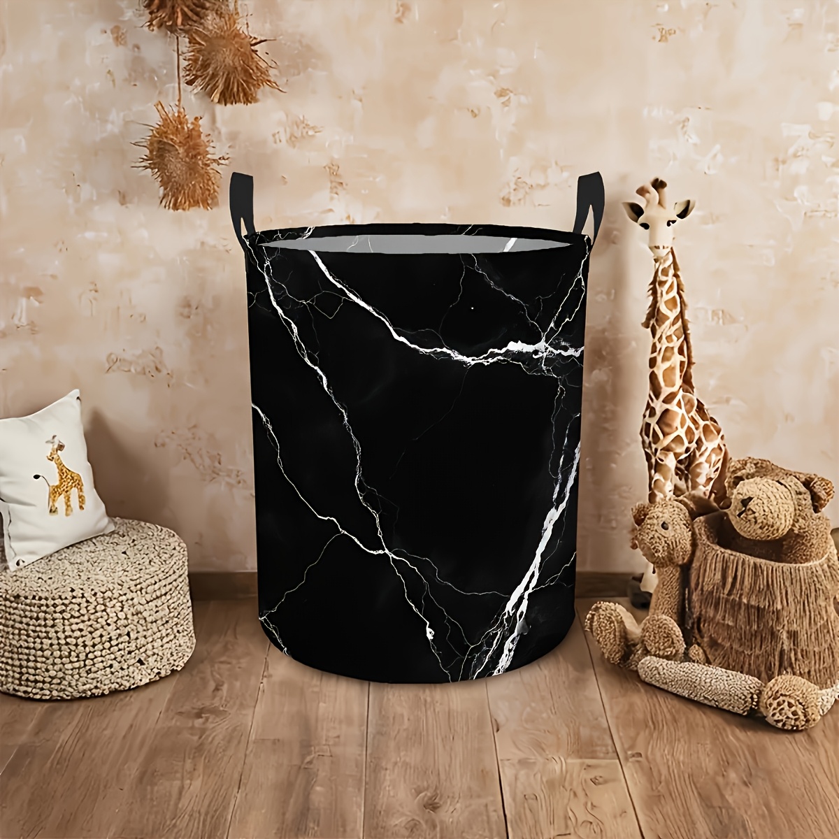 TEMU 1pc Black Marble Vein Foldable Laundry Basket - Collapsible Round Clothes Hamper With Marble Design, Space- Suitable For Bathroom, Bedroom,