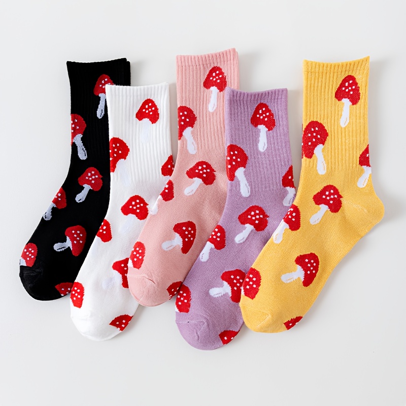 Image of 5 Pairs Of Women's Socks For Spring And Autumn, Featuring A Trendy Red Mushroom Print, Mid-calf Length, Versatile For A Cute, Style