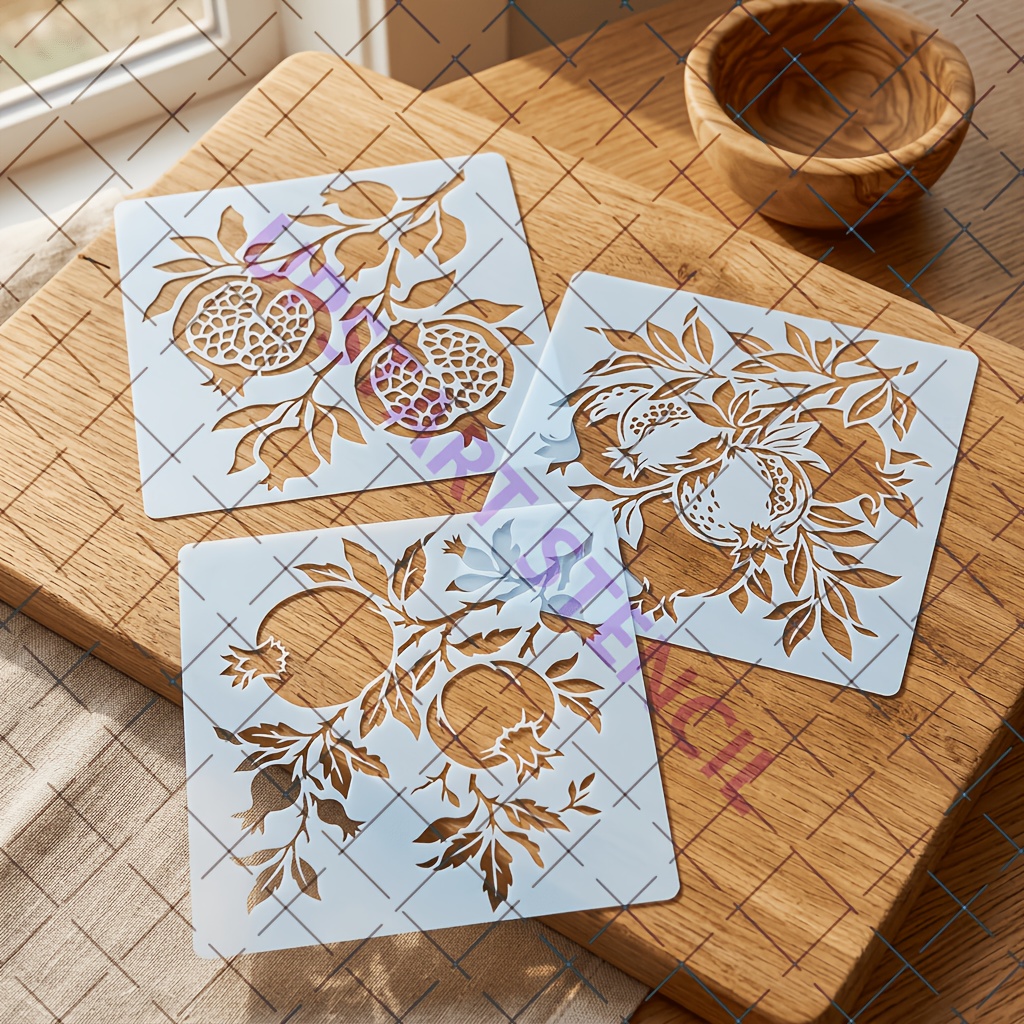 TEMU 3pcs Pomegranate Pattern Painting Templates, 20x20cm, Reusable Plastic Templates, Suitable For Crafting, Wall Art, Furniture Decoration, Fabric
