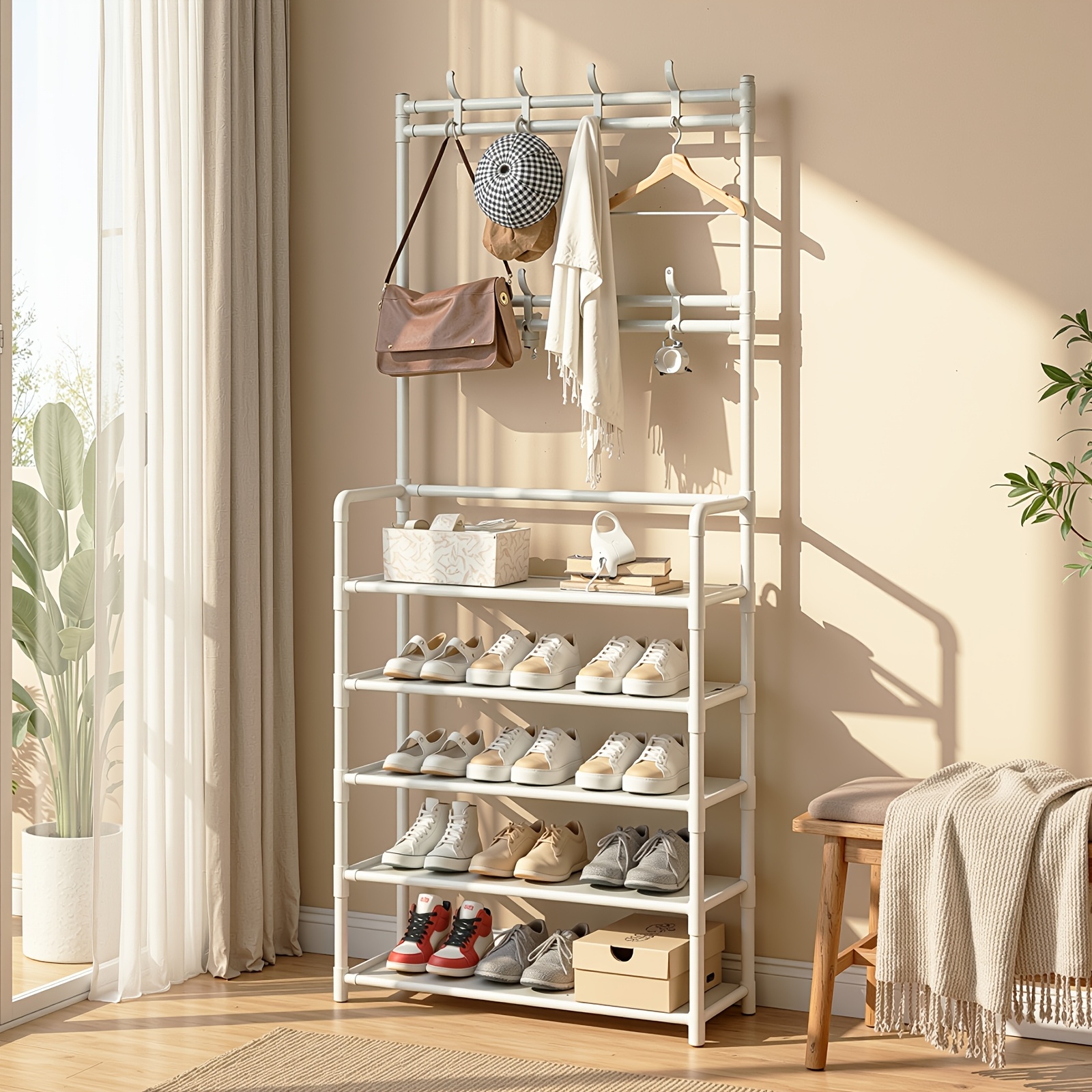 TEMU Appendiabiti a 5 Livelli, Organizzatore per Scarpe e Cappotti con 8 Ganci all' Porta, Multifunzione per Ombrelli, , Abiti
