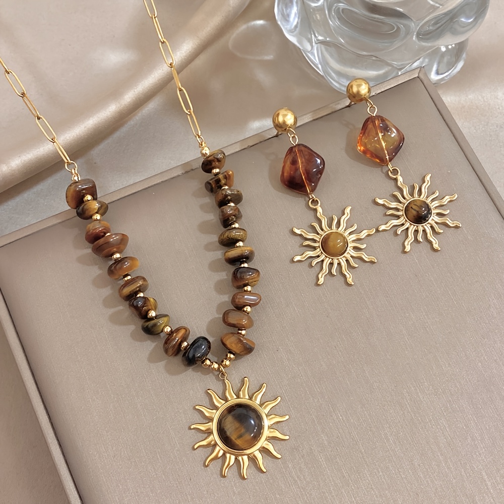TEMU Set da 3 pezzi stile boh矇mien con pendente a forma di pietra occhio di tigre, orecchini e collana, gioielli dorati versatili gamma in acciaio