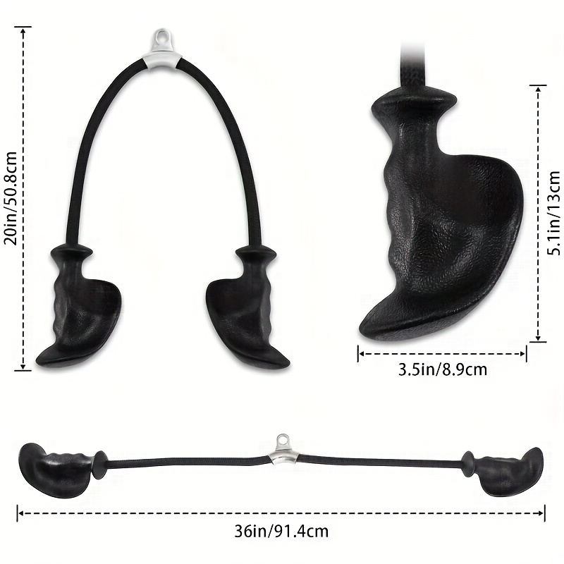 Measurement chart of a black tricep rope attachment with dimensions labeled.