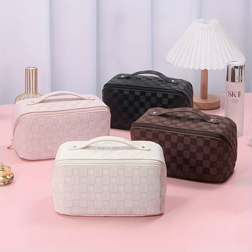 High-Grade PU Leather Cosmetic Bag Checkered Chessboard Pillow Bag Large Capacity Wash Bag Multifunctional Waterproof Storage Bag Extra Large Cosmetic Bag Waterproof