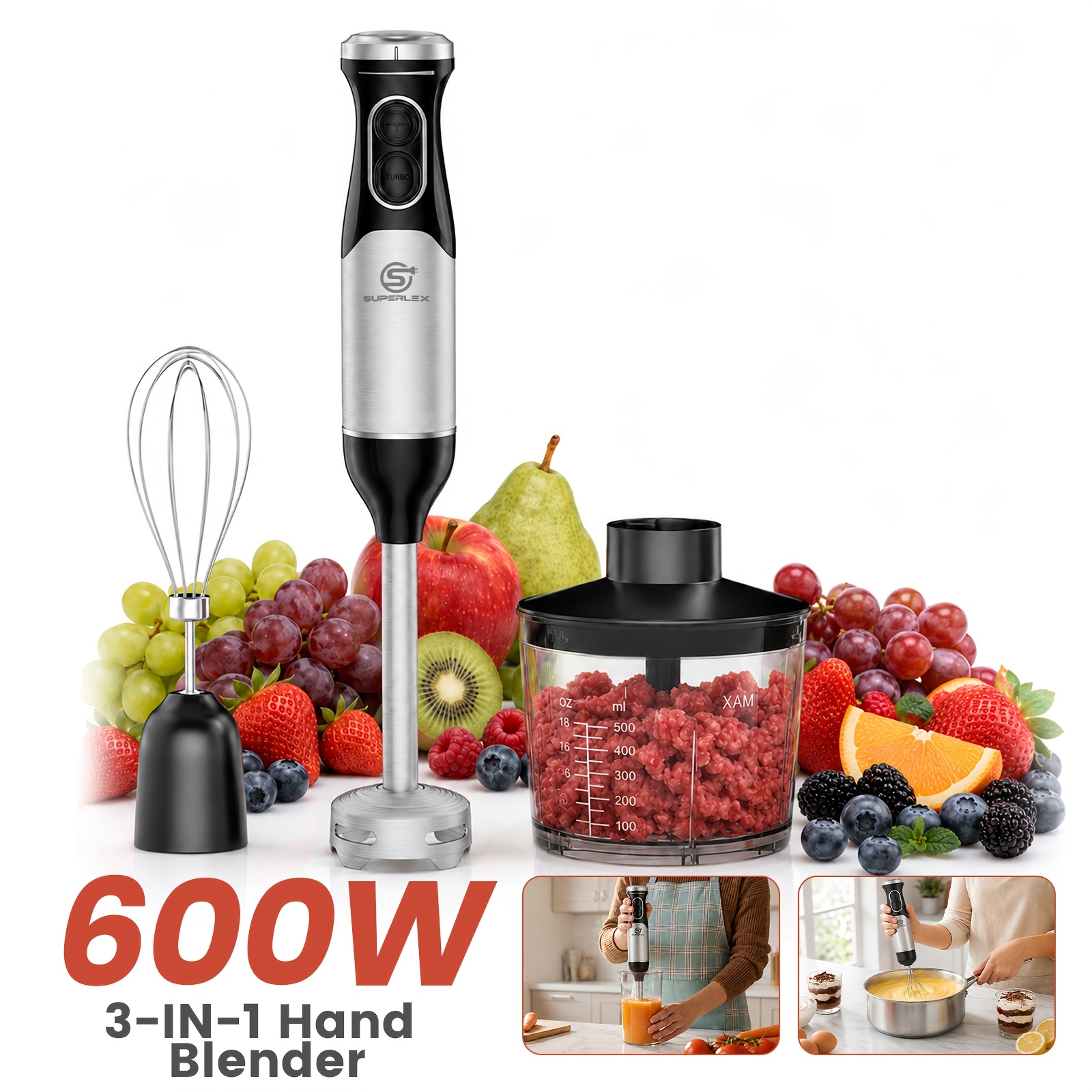 Image of Superlex Hand Blender 600w, 2-speed Blender With 304 Stainless Steel Rod & Blade, Motor, 600ml Mixing Cup, For Soups, Smoothies, Baby Food
