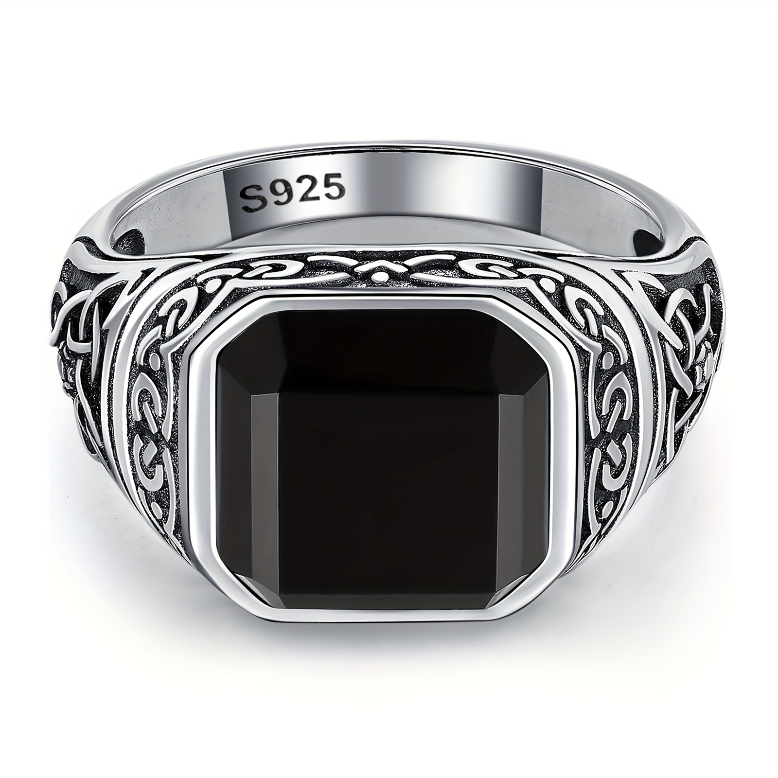 TEMU 7 Carat Vintage Black Agate Men's Ring 925 Silver Men's Ring 11mm Men's Ring Celtic Pattern Ring For Dad