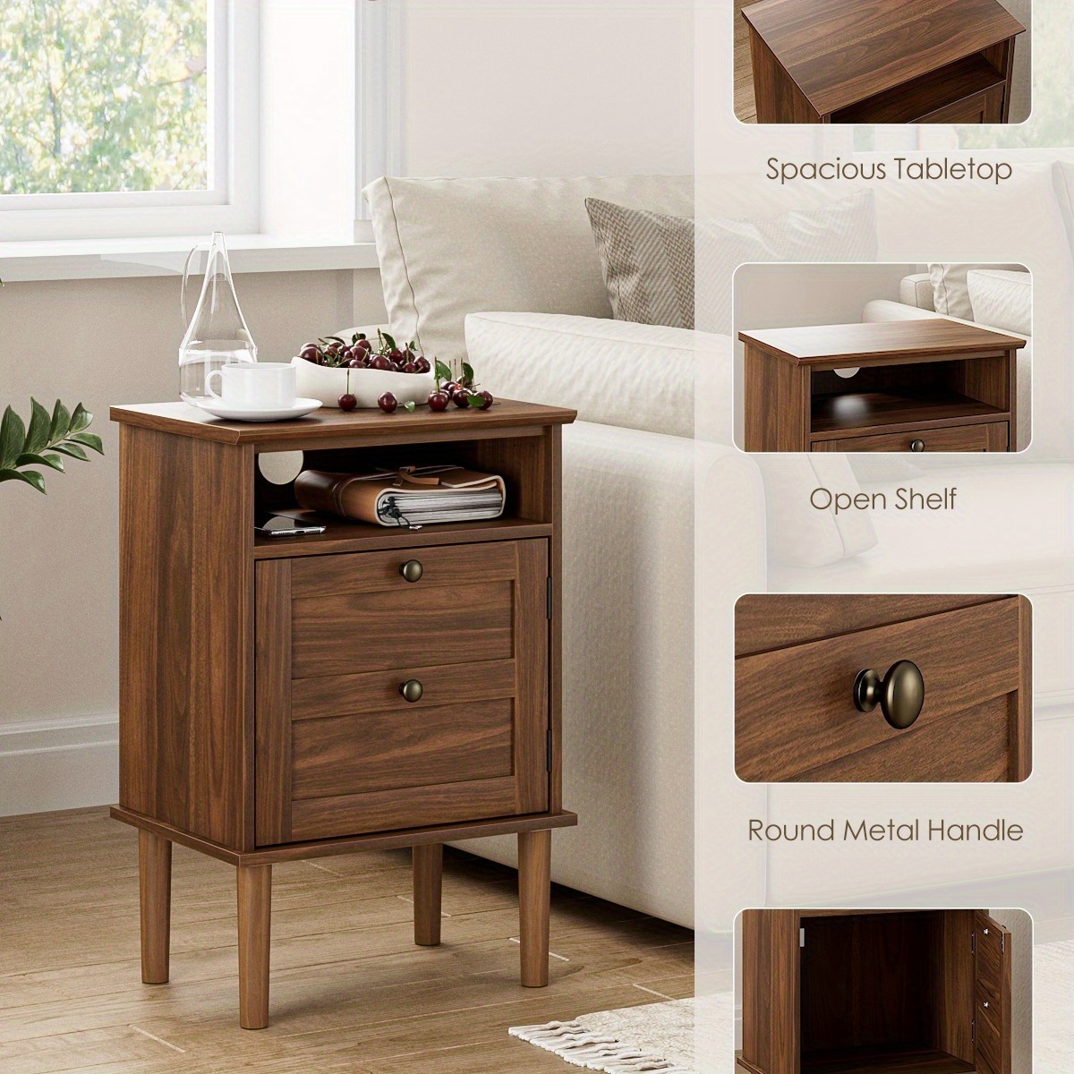 Bedside Table, Bohemian-style Bedside Cabinet with One Drawer, Contemporary Side Table Featuring Open Shelving, Wooden Tabletop Bedside Unit, Suitable for Bedrooms And Living Rooms., Bed Room Table