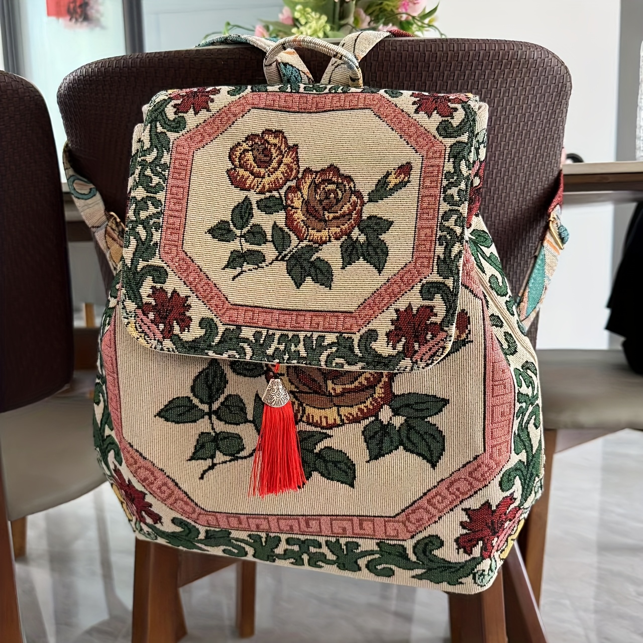 random style red backpack ethnic embroidery elegant peacock  display picture 2