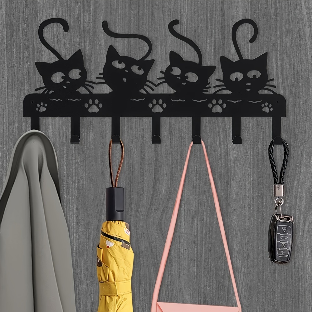 

Charming Black Cat Metal Wall Hooks - 7-hook Key Holder & Decorative Rack For Bedroom, Door Mounted Iron Art