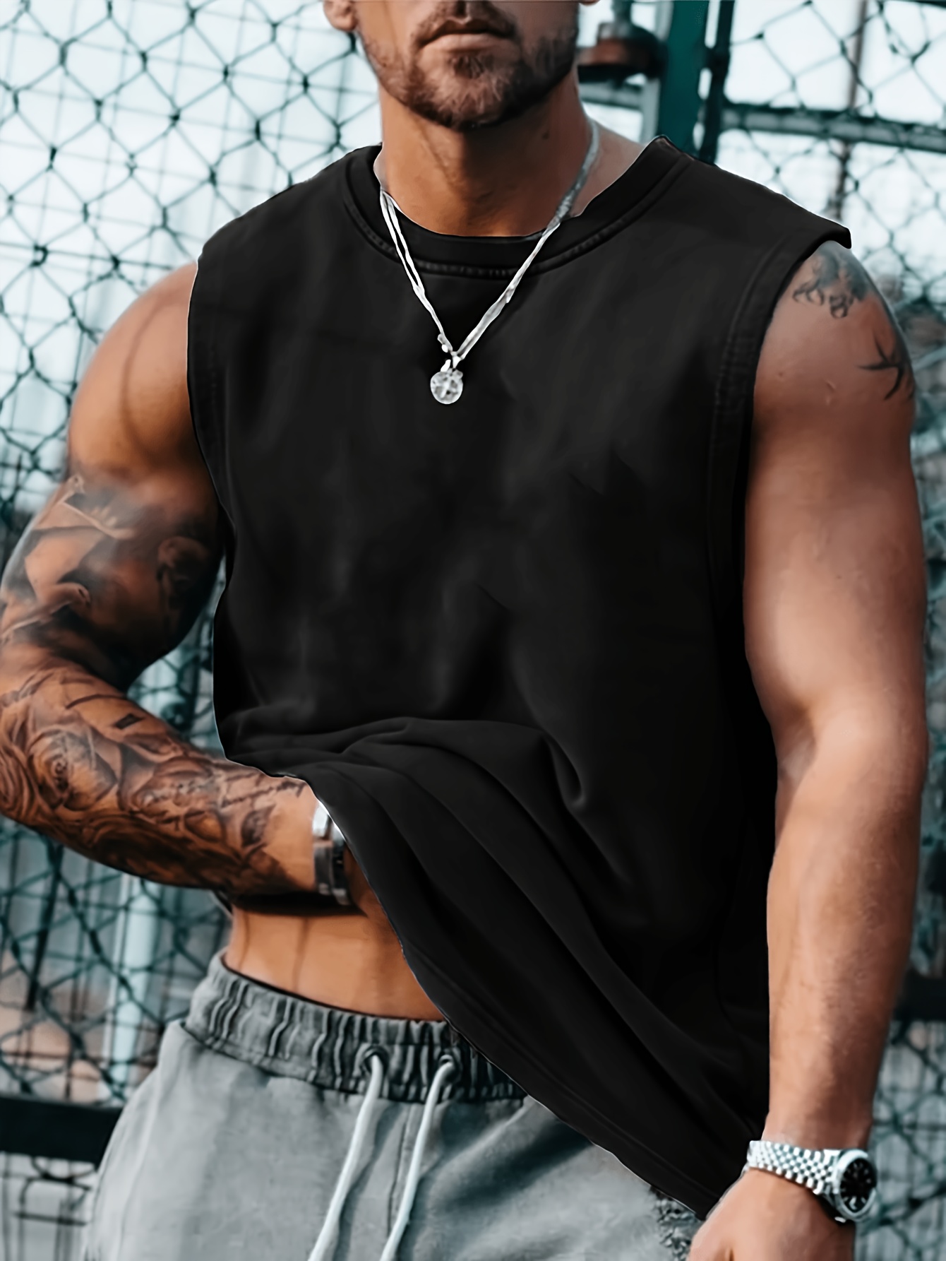 mens sleeveless vest breathable summer sports vest with geometric print lightweight round neck casual and active wear solid black