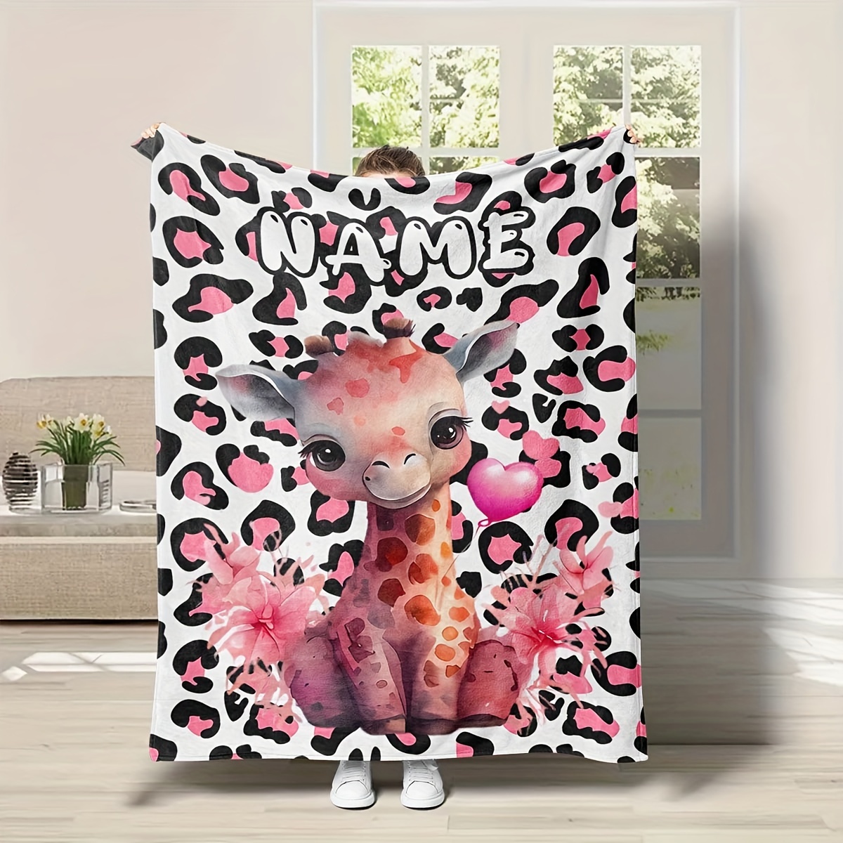 

Name Custom Blanket Cute Cartoon Giraffe Fashion Leopard Pattern Blanket Birthday Gift Soft Blanket 4 Seasons Car Nap Blanket
