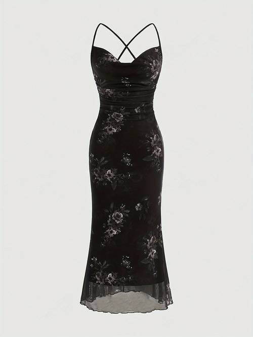 vintage elegant cocktail party spaghetti strap printed mesh midi dress for women