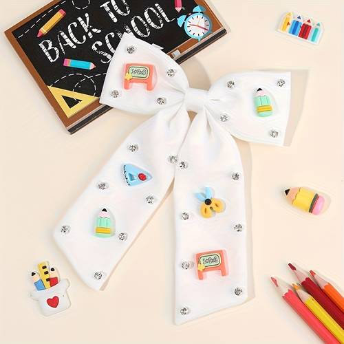 1pc back to school bow hair clips for girls pencil chalkboard ruler decor hairpins long tassel fashion creative hair accessories for girls homecoming