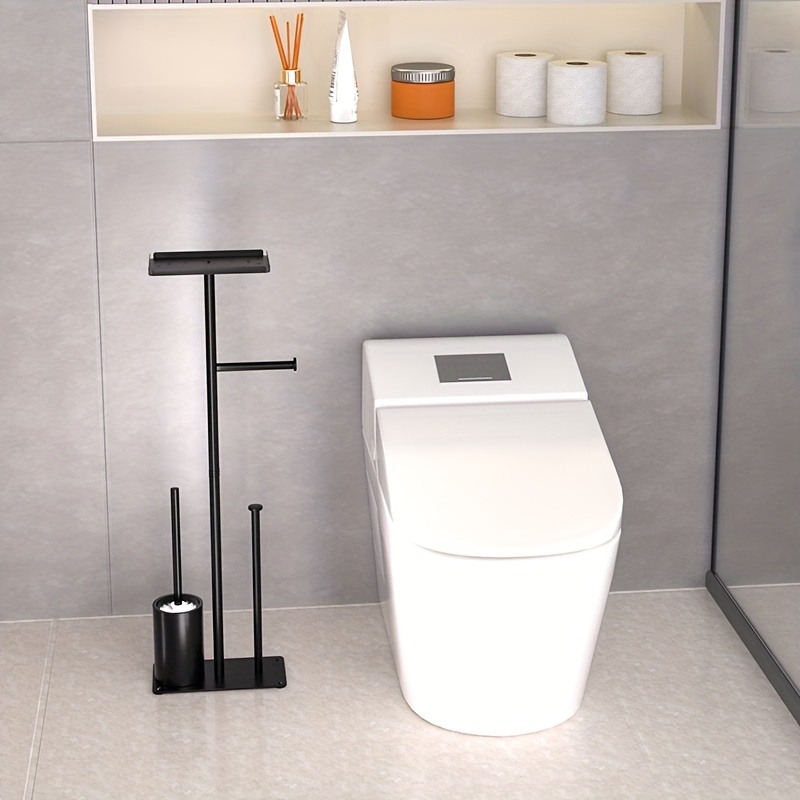 Image of Black Toilet Paper Holder With Toilet Brush, Suitable For 4 Rolls Of Toilet Paper, Floor-standing Toilet Paper Storage Rack, Metal Independent Toilet Paper Roll Storage Rack, Bathroom Accessories