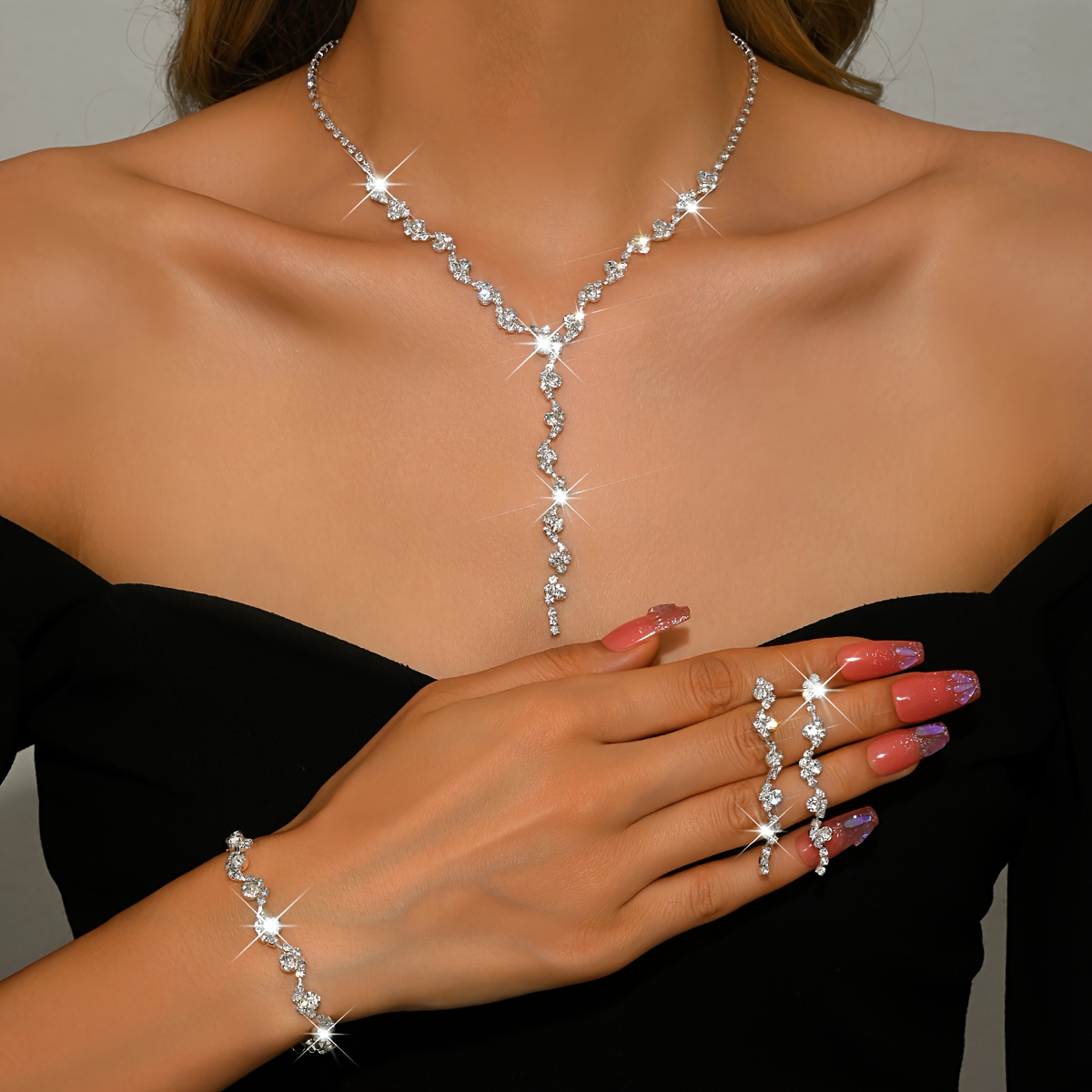 Image of Fashion Necklace Earring Bracelet Set Tassel Copper Inlaid Rhinestone Material Suitable For Prom Party Additions