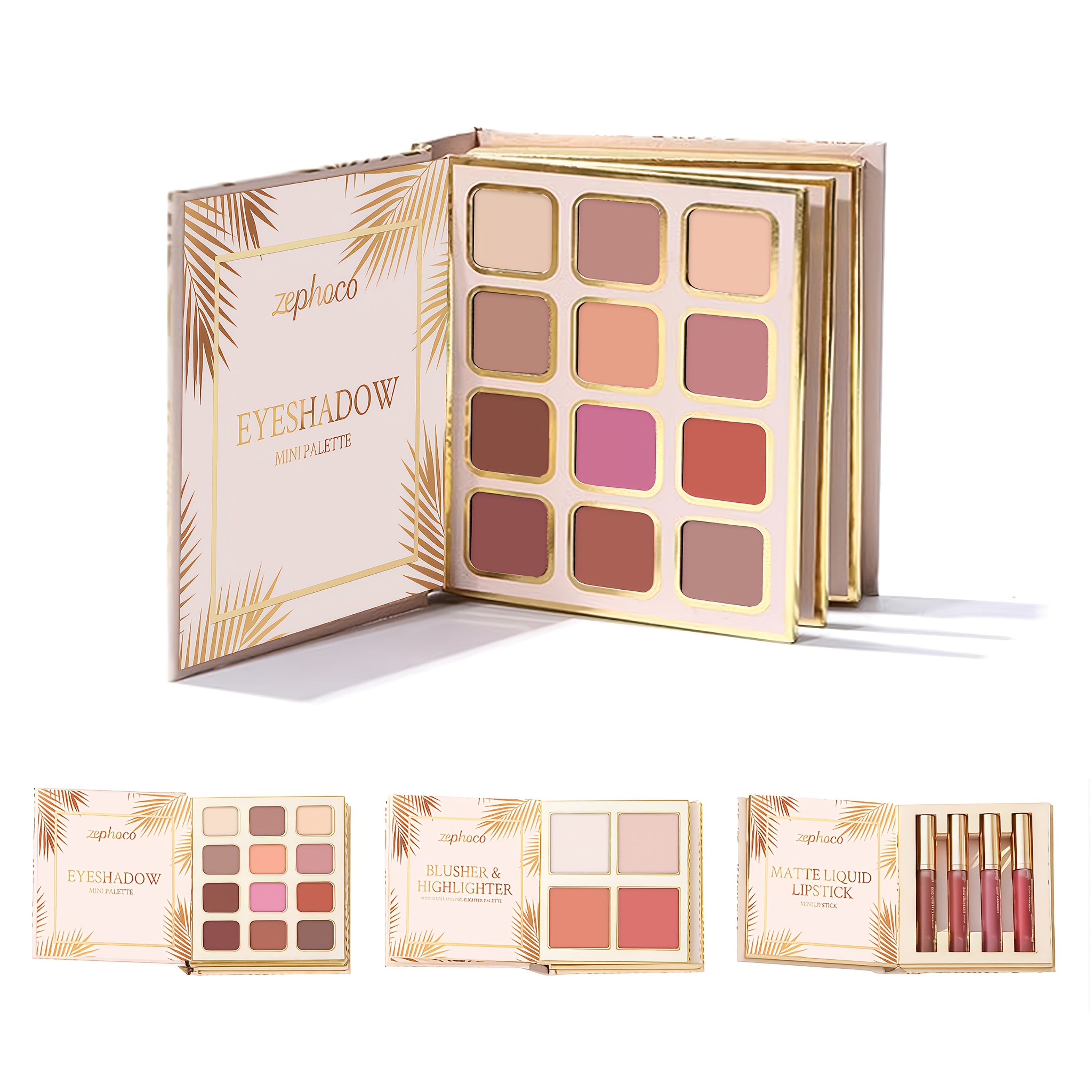TEMU 3-in-1 Book-style Makeup Set, 12 Eye Shadow Colors And 4 Blush Colors And 4 Lipstick Colors, , Matte Natural Makeup, Long-lasting Waterproof And