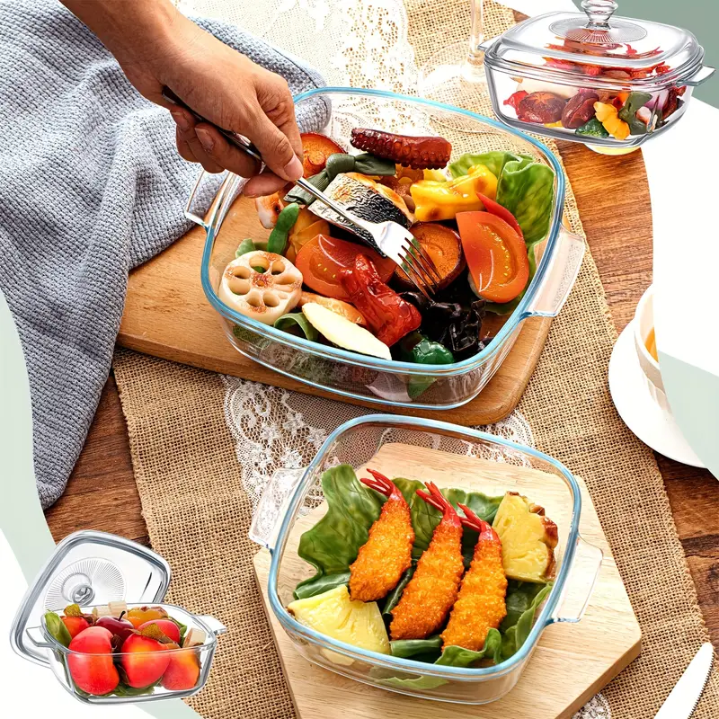 2pcs glass casserole dish with lid baking casserole dish covered cookware microwave bowls with handle for kitchen party cooking oven safe square 0 8l 1 5l details 3