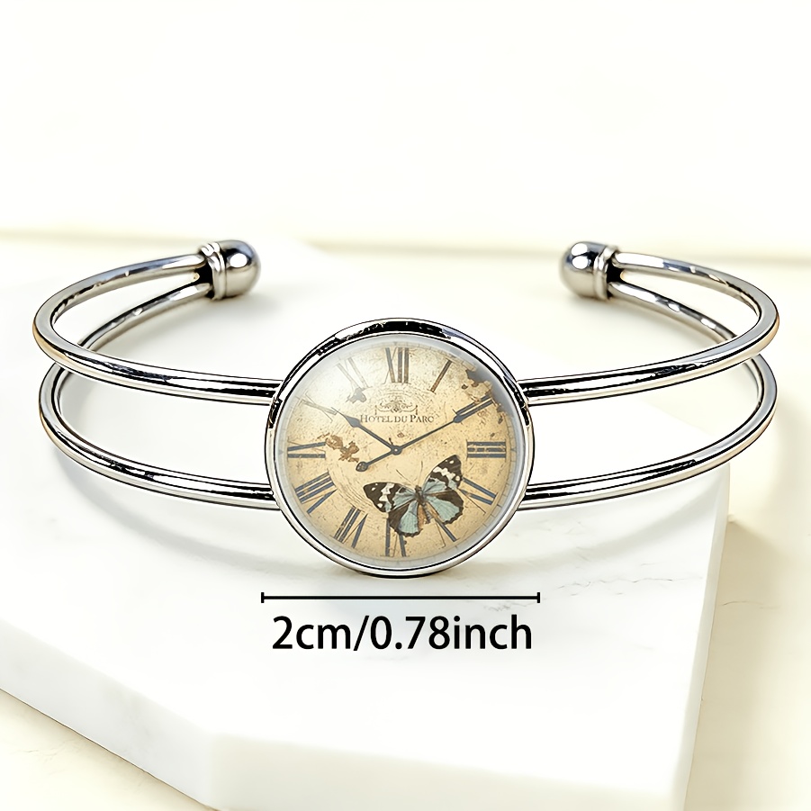 Adjustable Open-End Bangle with Round Time Gemstone Inlay, Classic Design