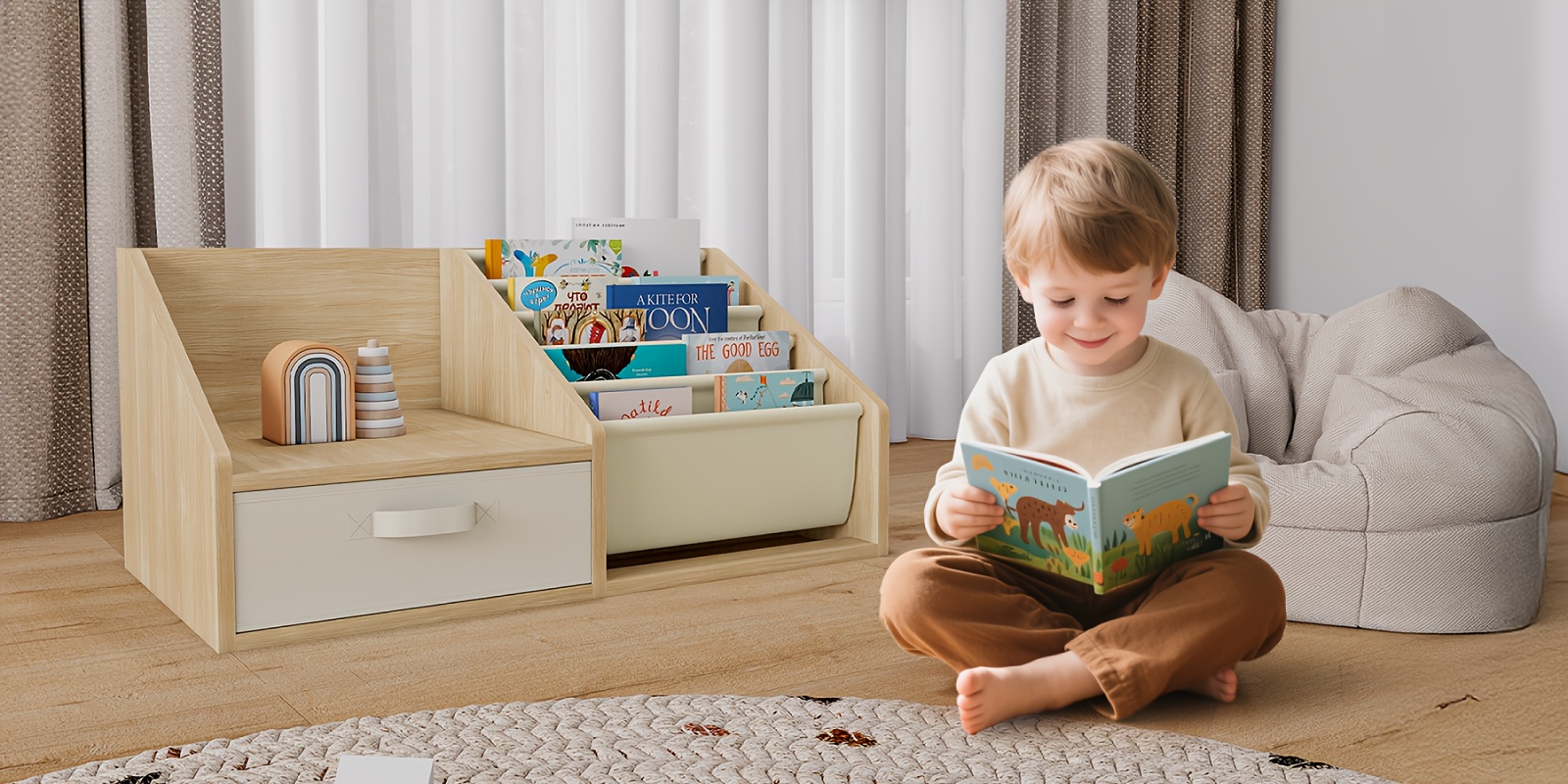 ! 5-Pocket Fabric Toddler Bookshelf + Drawer, Easy Assembly, Nursery & Playroom Reading Corner Storage Must-Have, Limited Time Offer